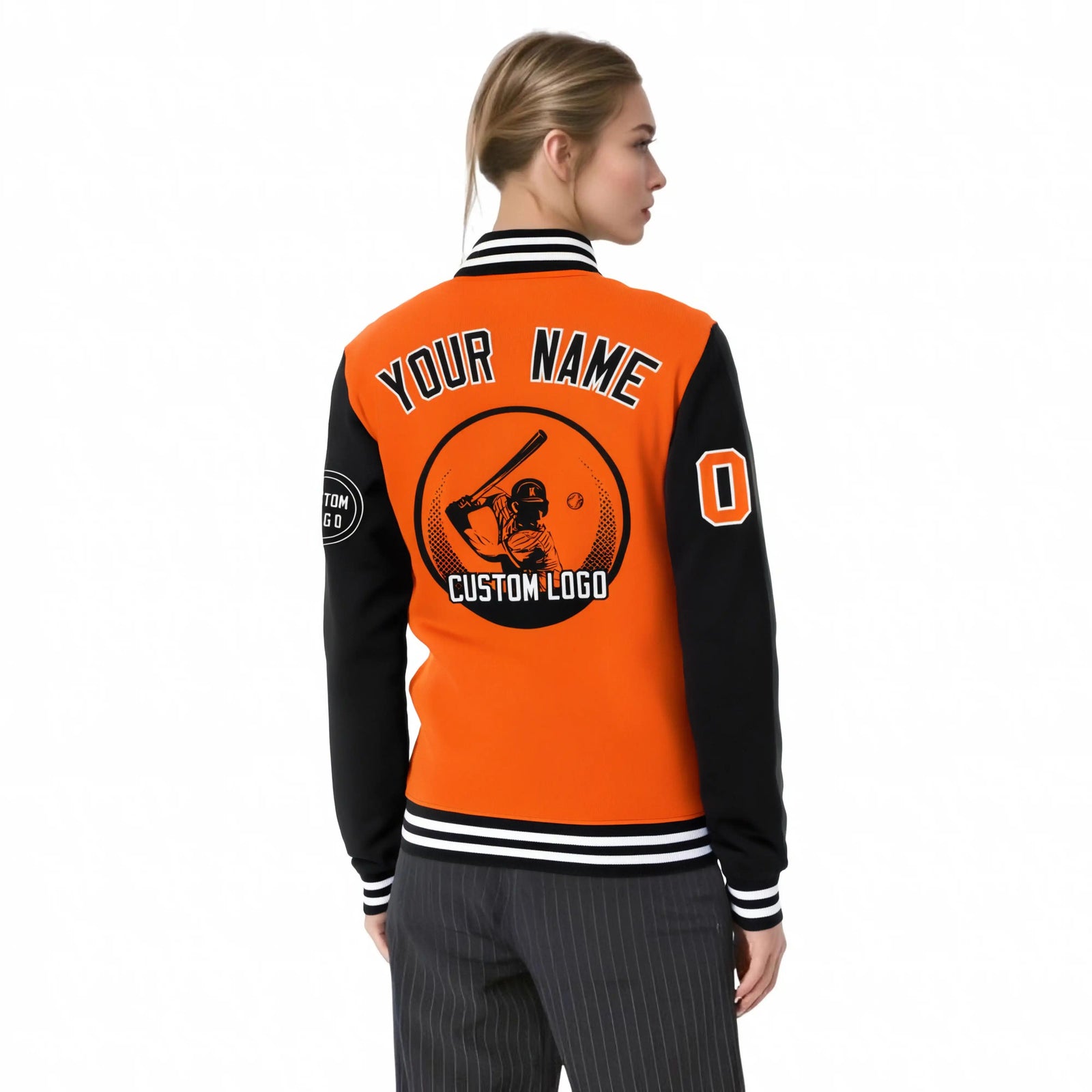 Custom Orange Black Bomber Full-Snap Varsity Letterman Two Tone Jacket