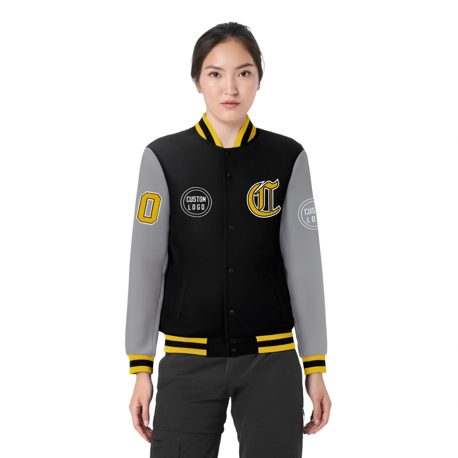 Custom Black Gray Bomber Full-Snap Varsity Letterman Two Tone Jacket