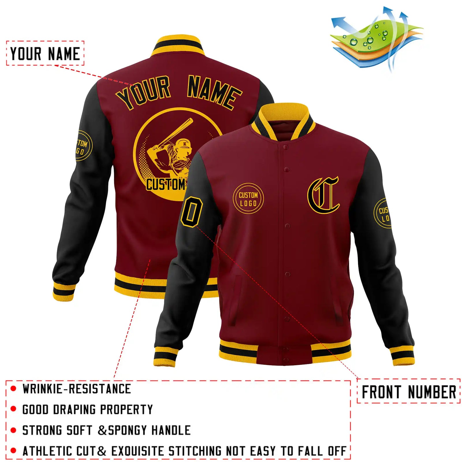 Custom Crimson Black Bomber Full-Snap Varsity Letterman Two Tone Jacket