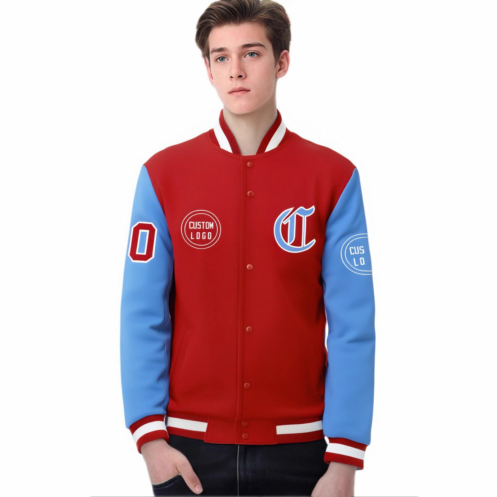 Custom Red Powder Blue Bomber Full-Snap Varsity Letterman Two Tone Jacket