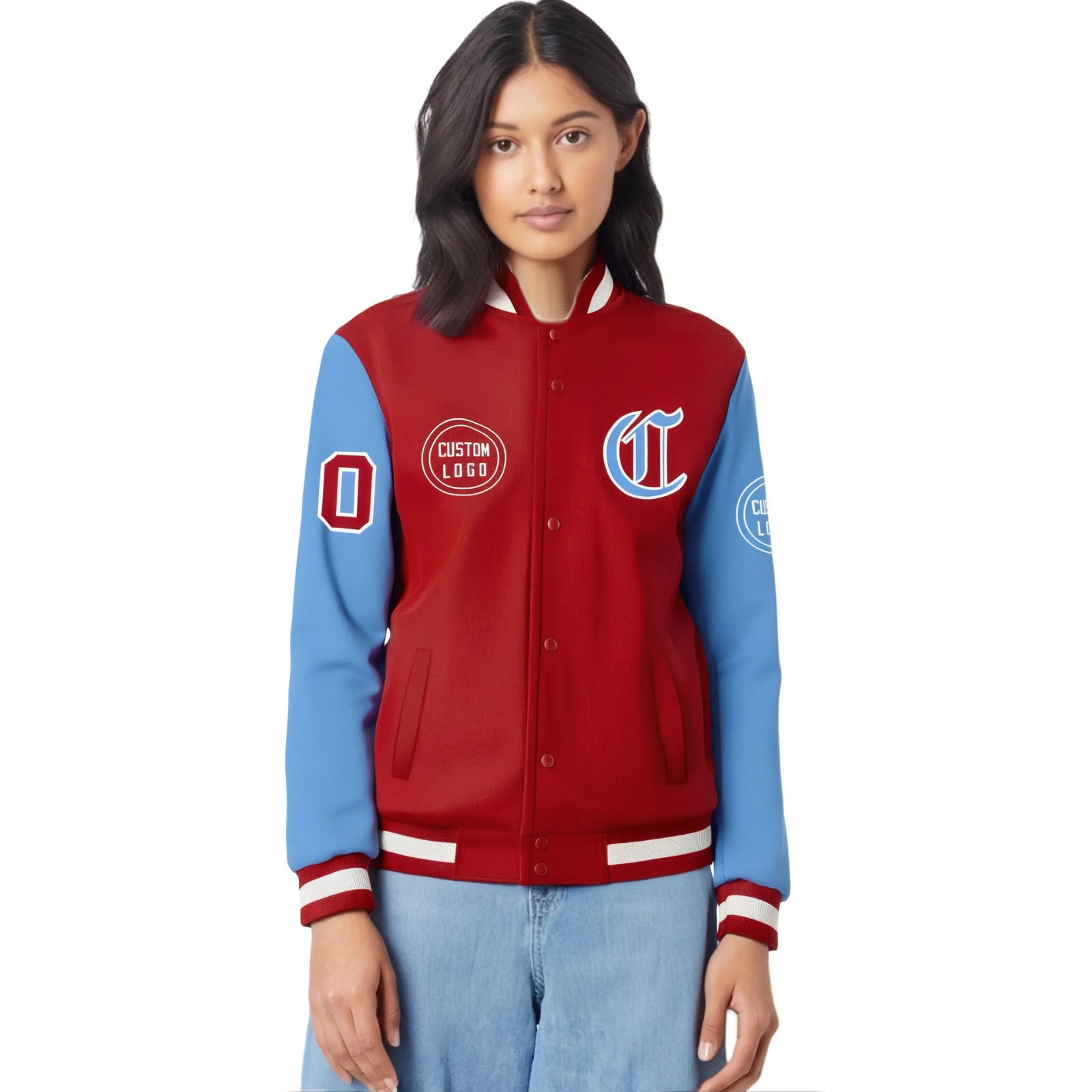 Custom Red Powder Blue Bomber Full-Snap Varsity Letterman Two Tone Jacket