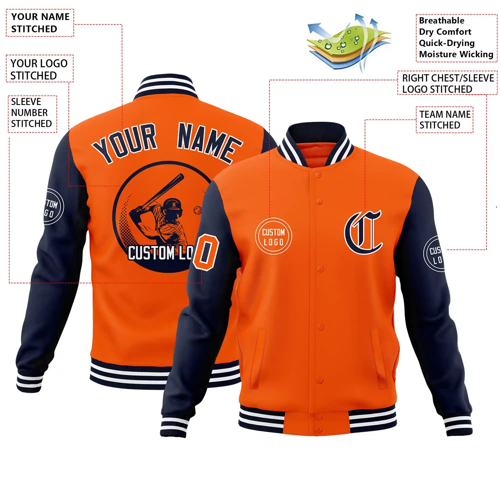 Custom Orange Navy Bomber Full-Snap Varsity Letterman Two Tone Jacket