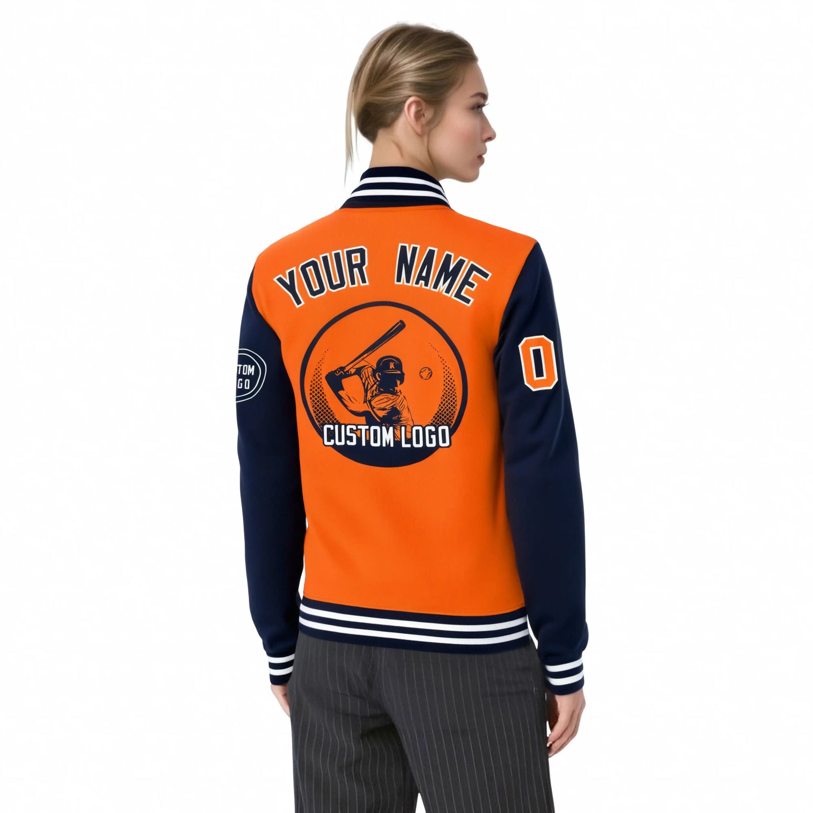 Custom Orange Navy Bomber Full-Snap Varsity Letterman Two Tone Jacket
