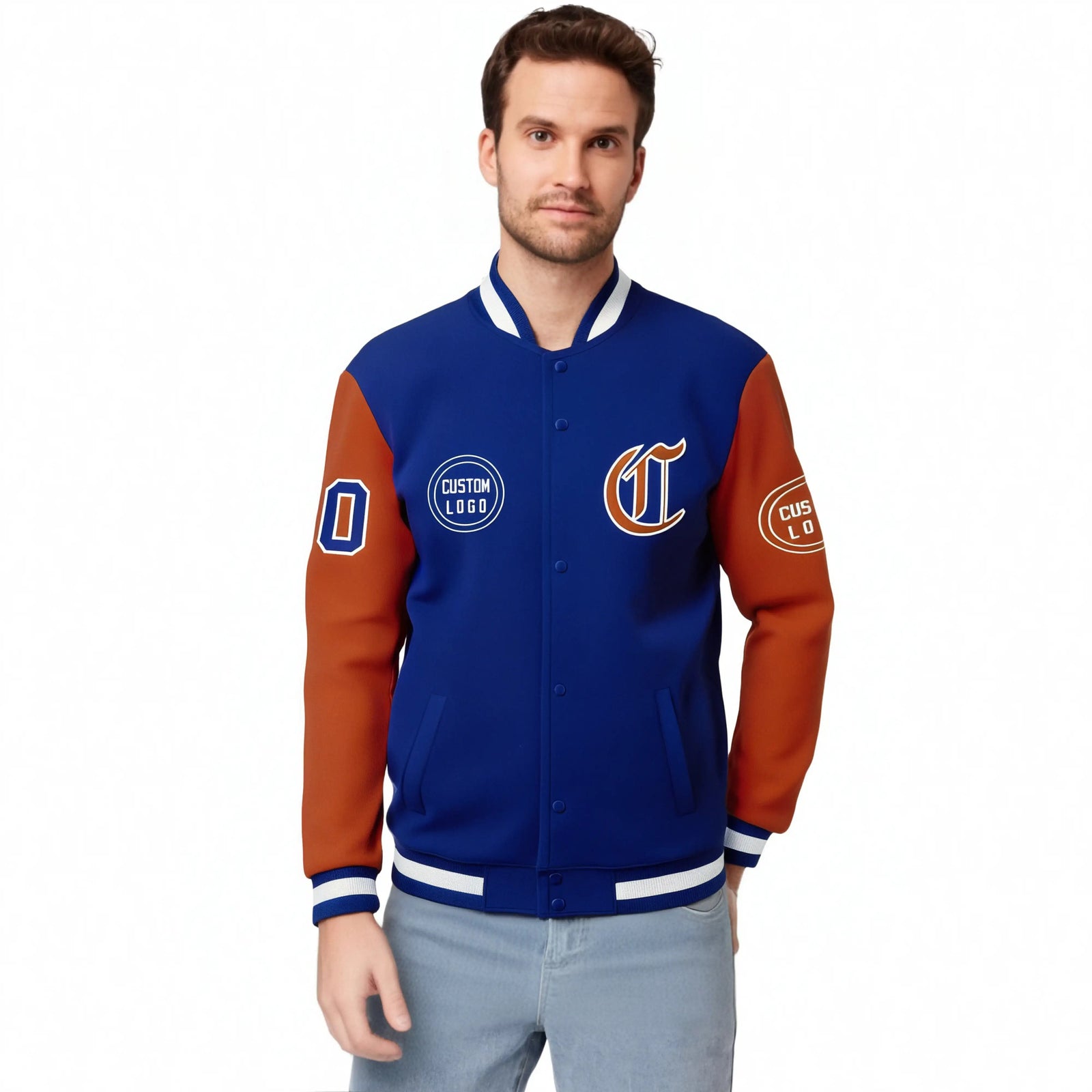 Custom Royal Blue Orange Bomber Full-Snap Varsity Letterman Two Tone Jacket