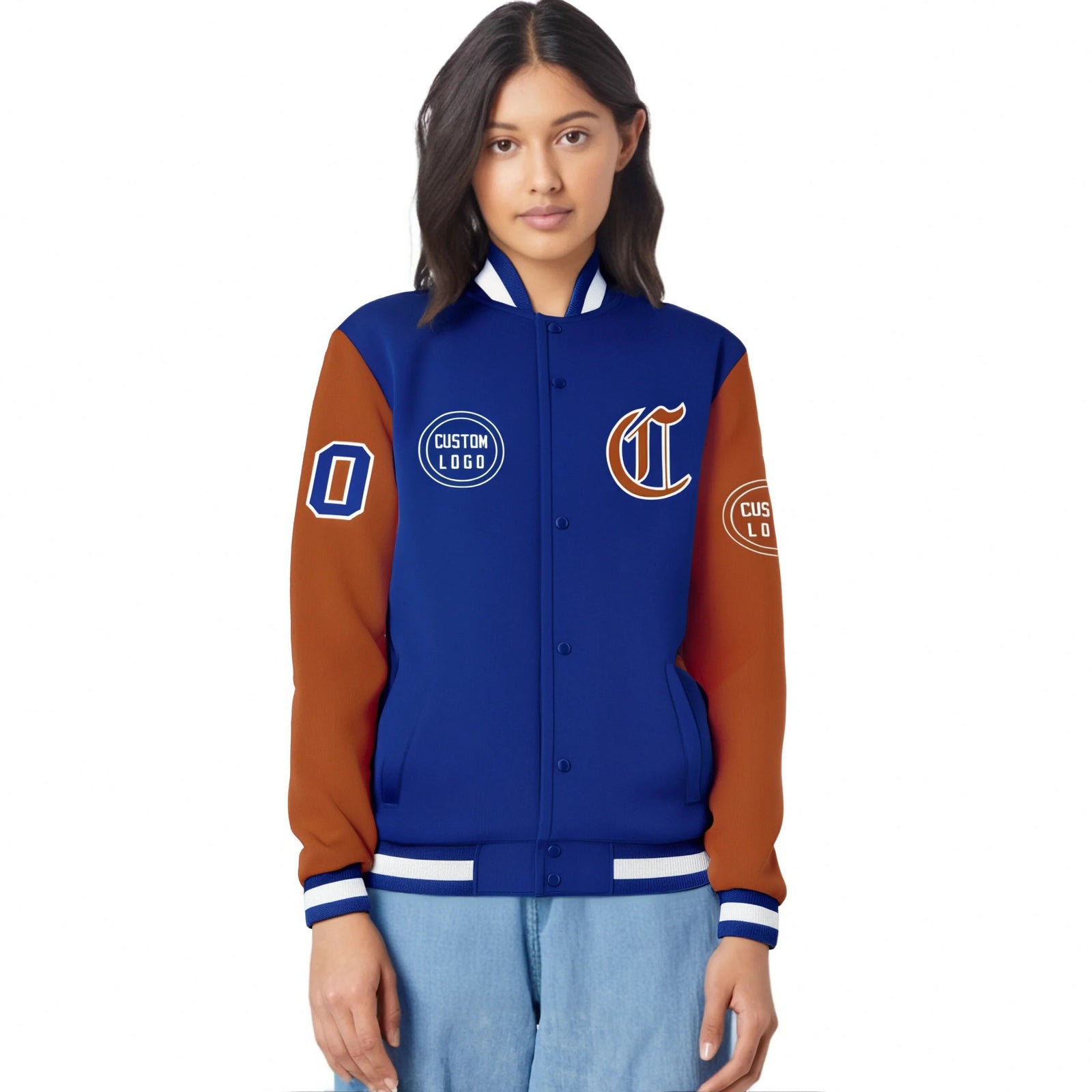 Custom Royal Blue Orange Bomber Full-Snap Varsity Letterman Two Tone Jacket