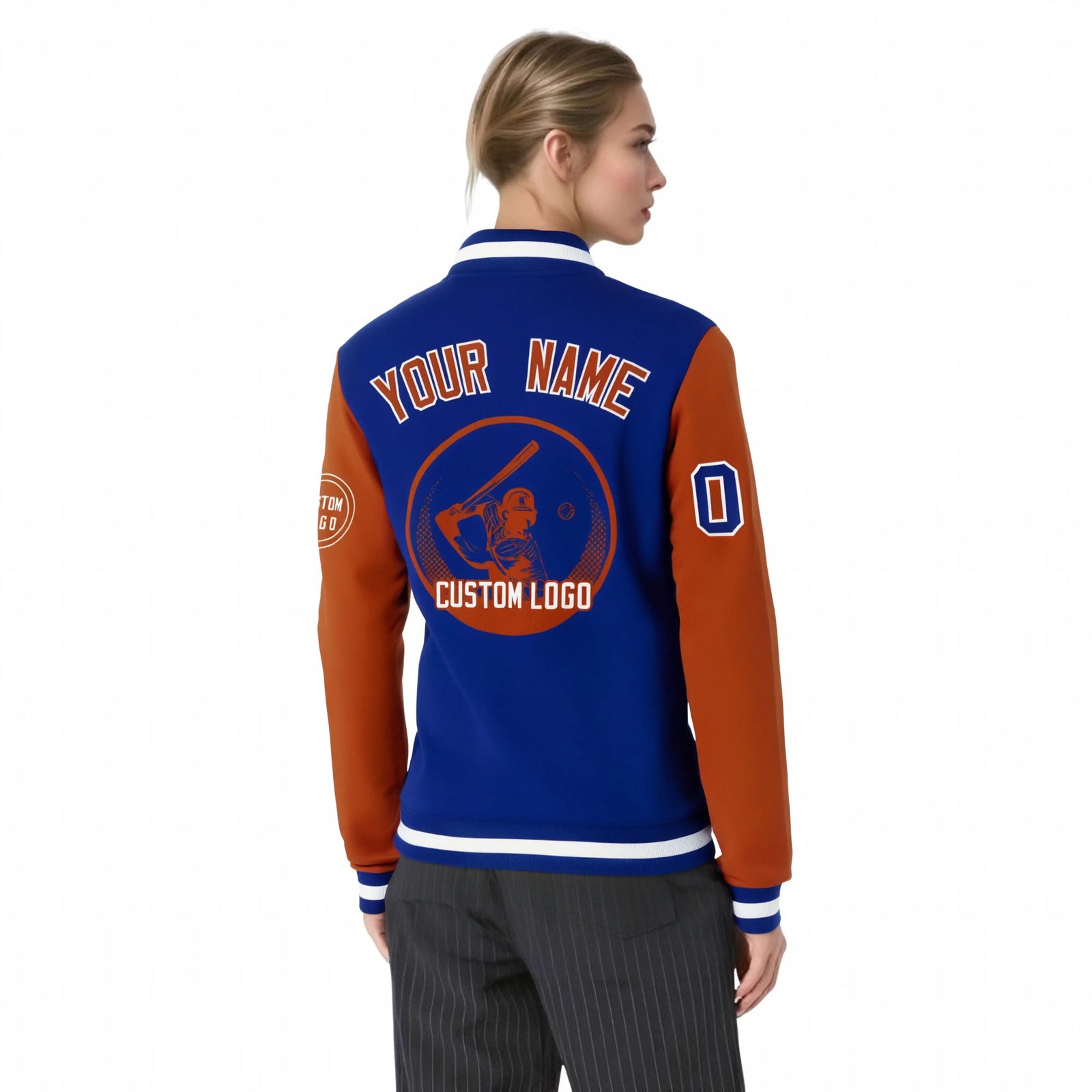 Custom Royal Blue Orange Bomber Full-Snap Varsity Letterman Two Tone Jacket