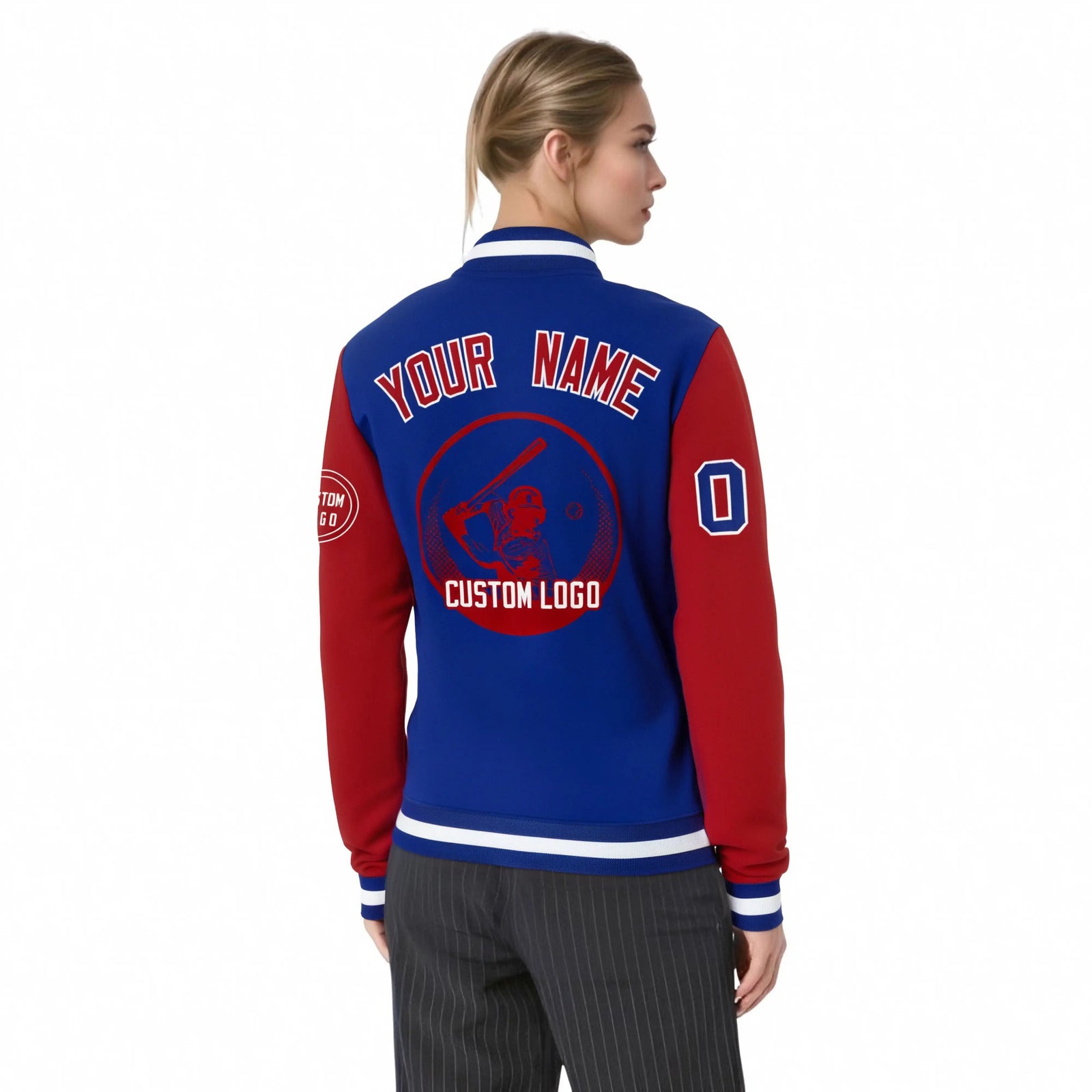 Custom Royal Blue Red Bomber Full-Snap Varsity Letterman Two Tone Jacket