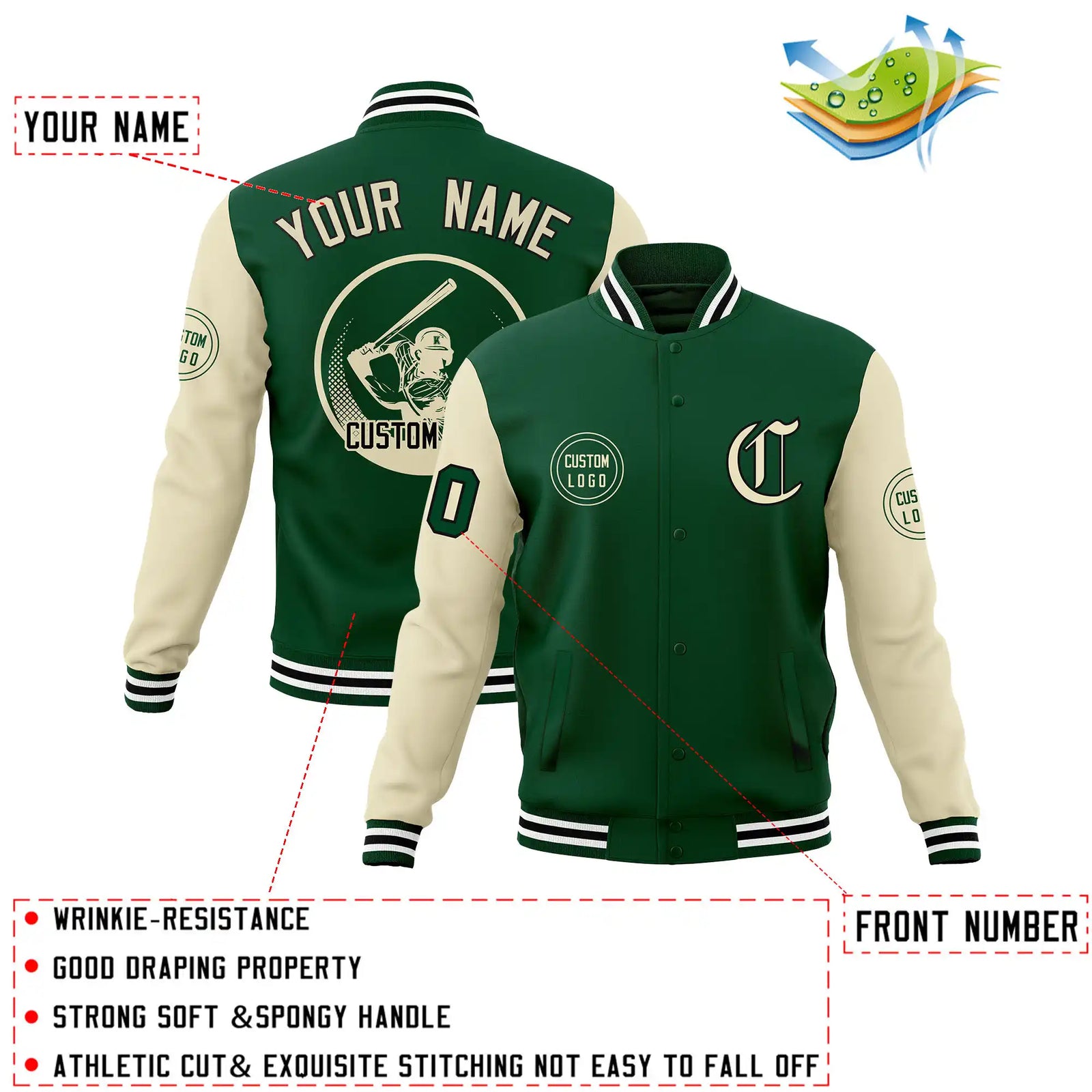 Custom Green Cream Bomber Full-Snap Varsity Letterman Two Tone Jacket