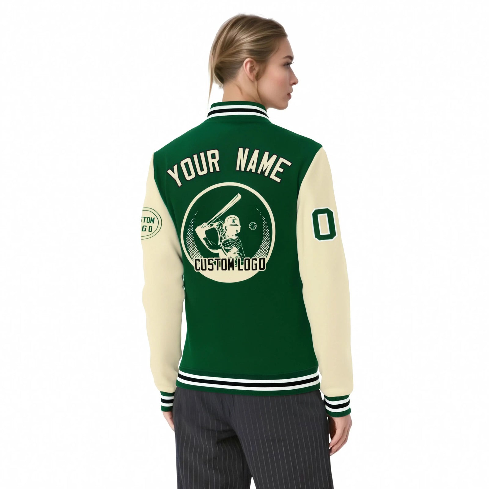 Custom Green Cream Bomber Full-Snap Varsity Letterman Two Tone Jacket