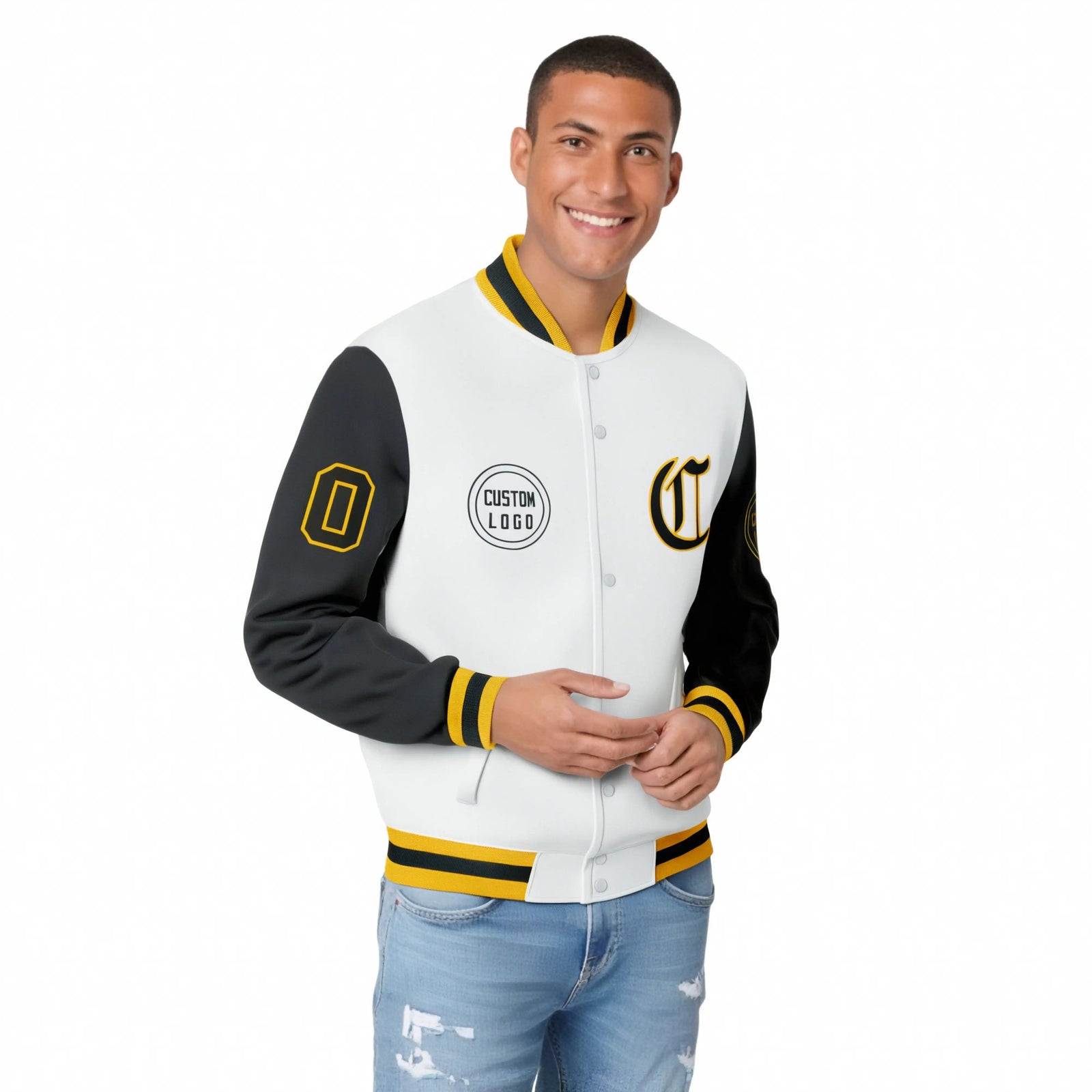 Custom White Black Bomber Full-Snap Varsity Letterman Two Tone Jacket