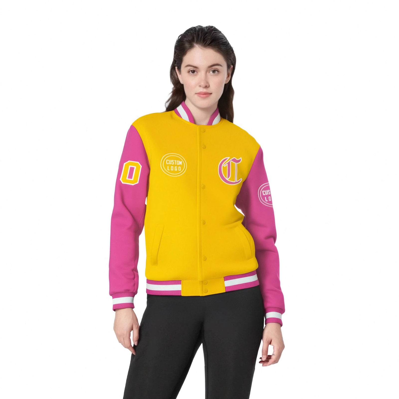 Custom Gold-1 Pink Bomber Full-Snap Varsity Letterman Two Tone Jacket