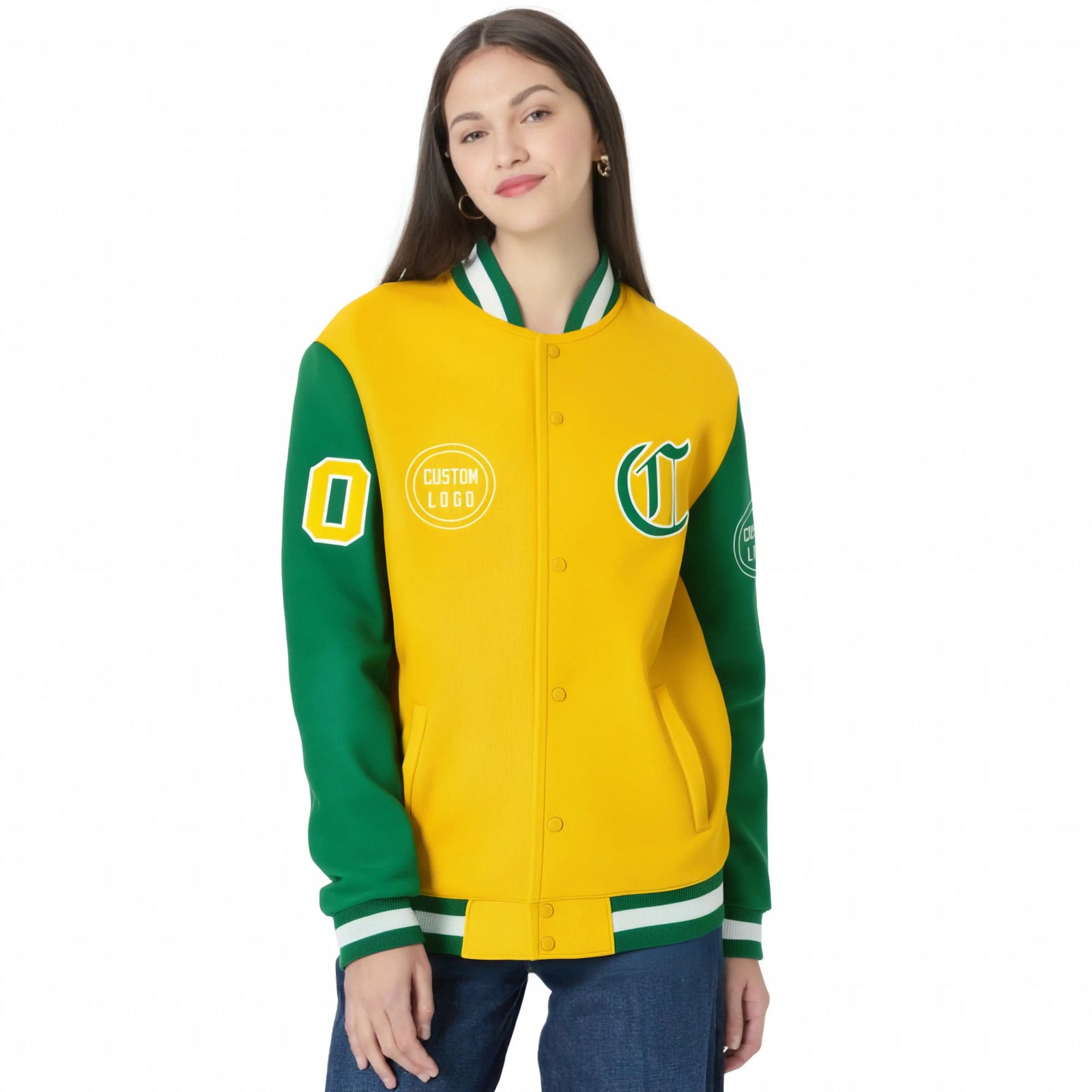 Custom Gold-1 Kelly Green Bomber Full-Snap Varsity Letterman Two Tone Jacket
