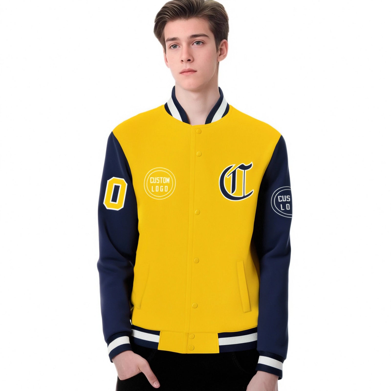 Custom Gold-1 Navy Bomber Full-Snap Varsity Letterman Two Tone Jacket