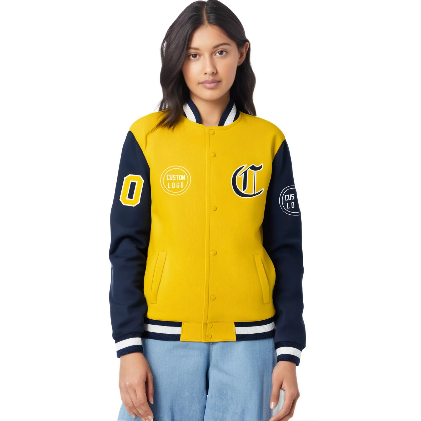 Custom Gold-1 Navy Bomber Full-Snap Varsity Letterman Two Tone Jacket