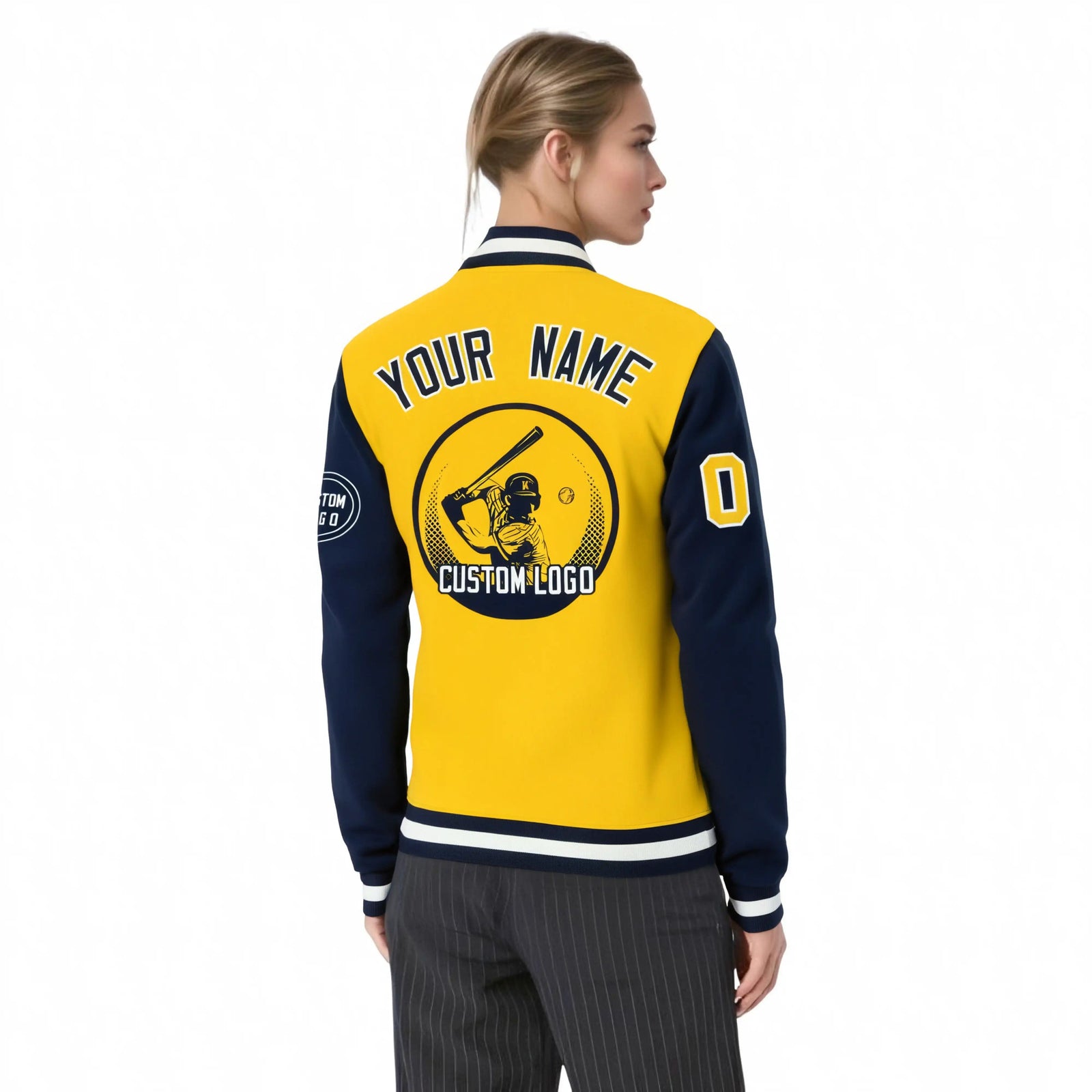 Custom Gold-1 Navy Bomber Full-Snap Varsity Letterman Two Tone Jacket