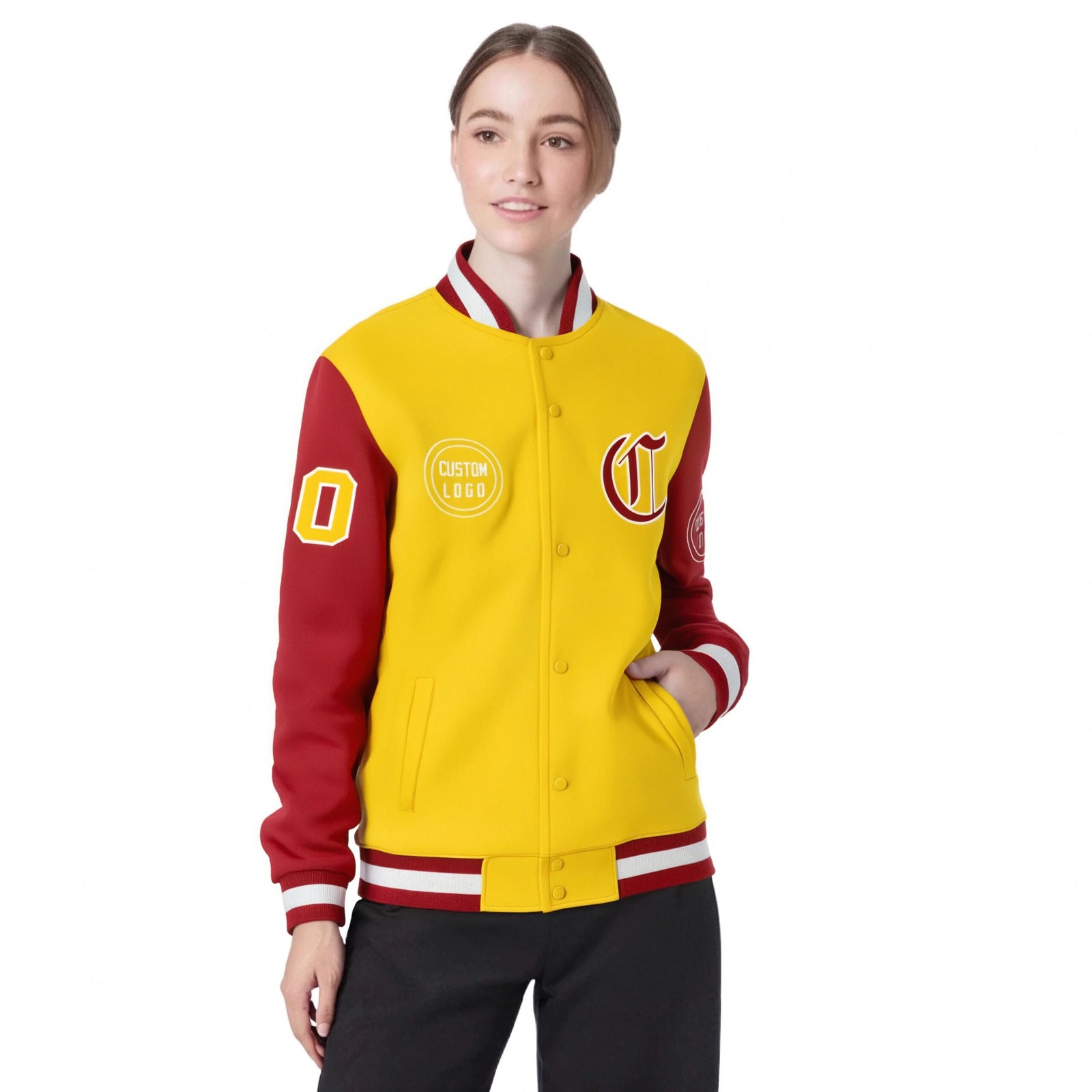 Custom Gold-1 Red Bomber Full-Snap Varsity Letterman Two Tone Jacket