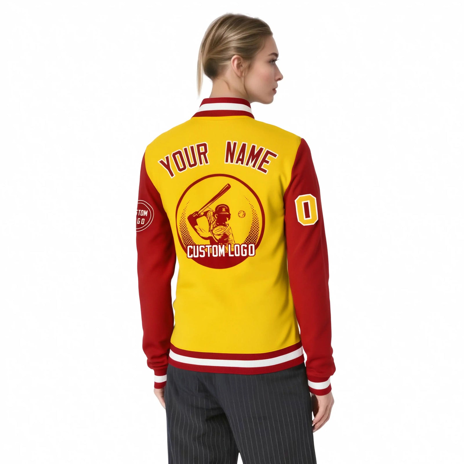 Custom Gold-1 Red Bomber Full-Snap Varsity Letterman Two Tone Jacket
