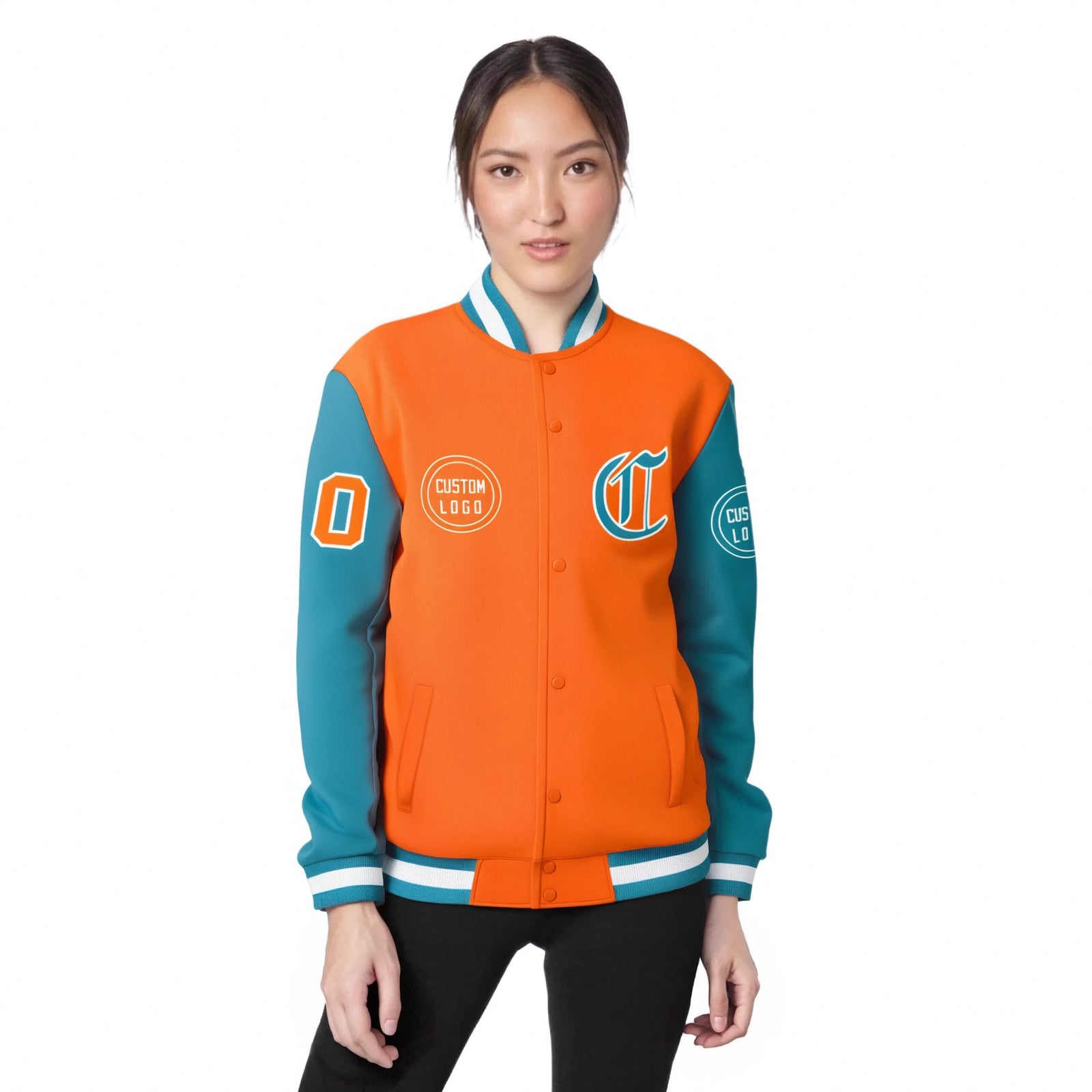 Custom Orange Aqua Bomber Full-Snap Varsity Letterman Two Tone Jacket