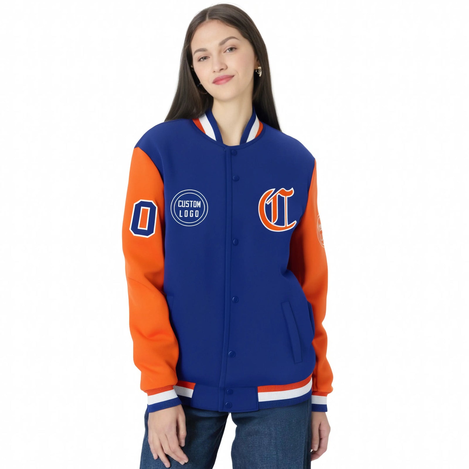 Custom Royal Blue Orange Bomber Full-Snap Varsity Letterman Two Tone Jacket