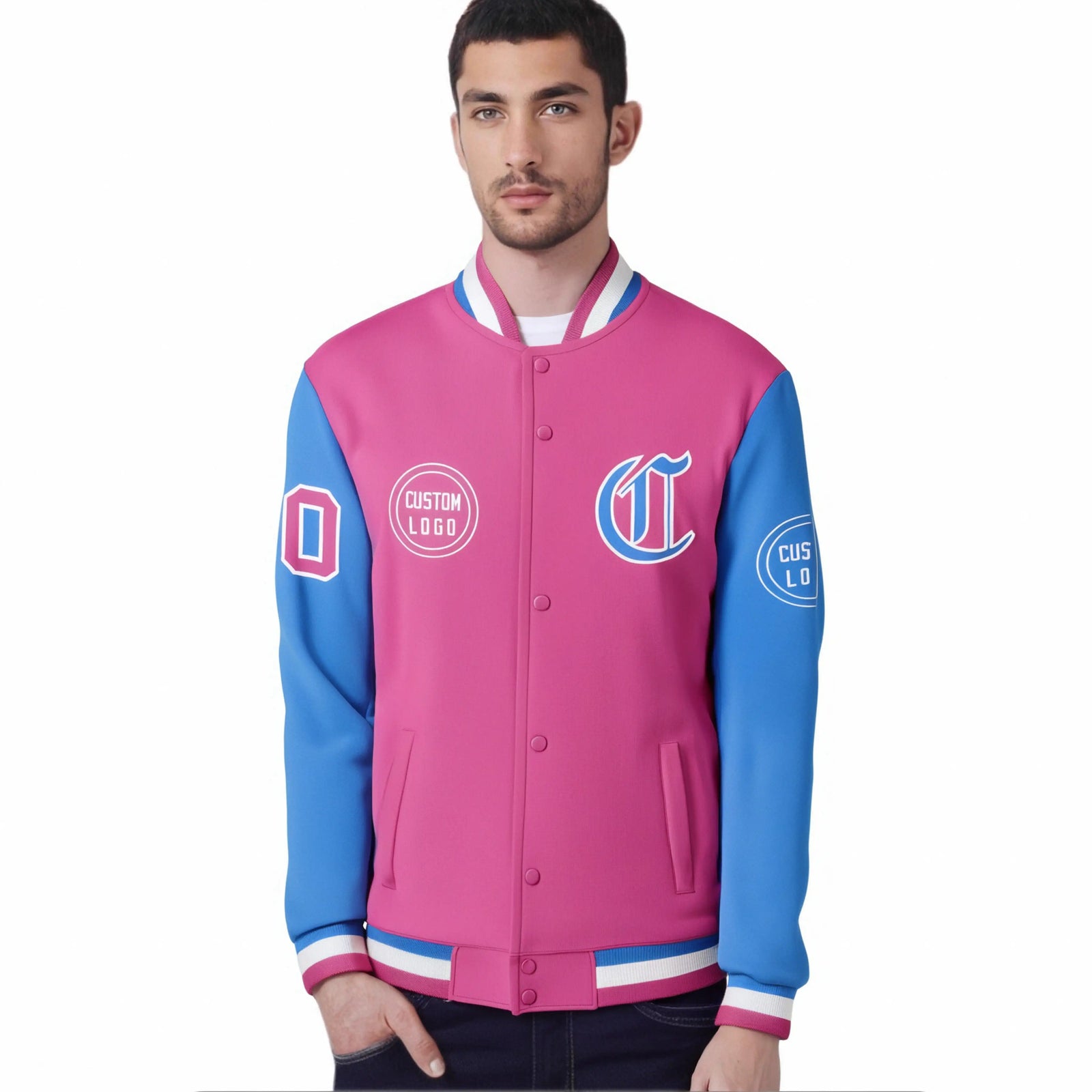 Custom Pink Powder Blue Bomber Full-Snap Varsity Letterman Two Tone Jacket