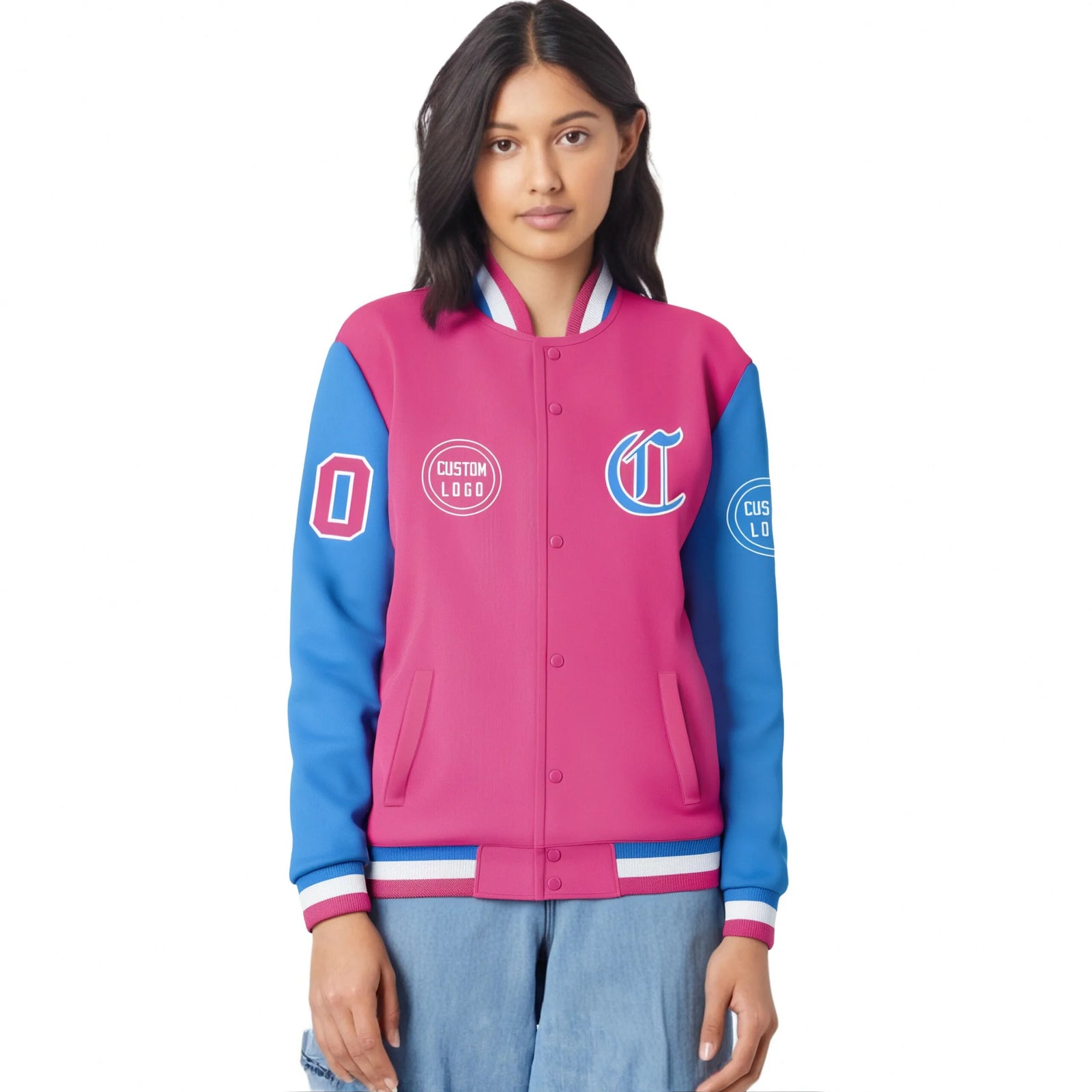 Custom Pink Powder Blue Bomber Full-Snap Varsity Letterman Two Tone Jacket