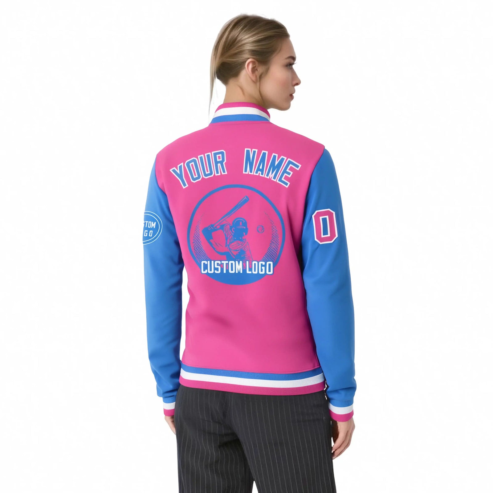 Custom Pink Powder Blue Bomber Full-Snap Varsity Letterman Two Tone Jacket