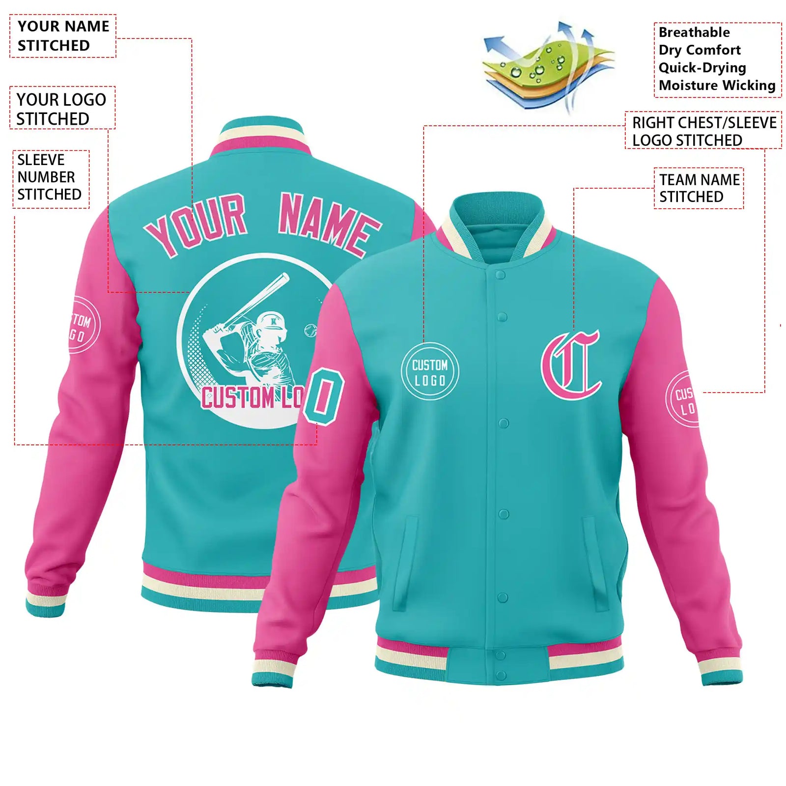 Custom Bright Green Pink Bomber Full-Snap Varsity Letterman Two Tone Jacket