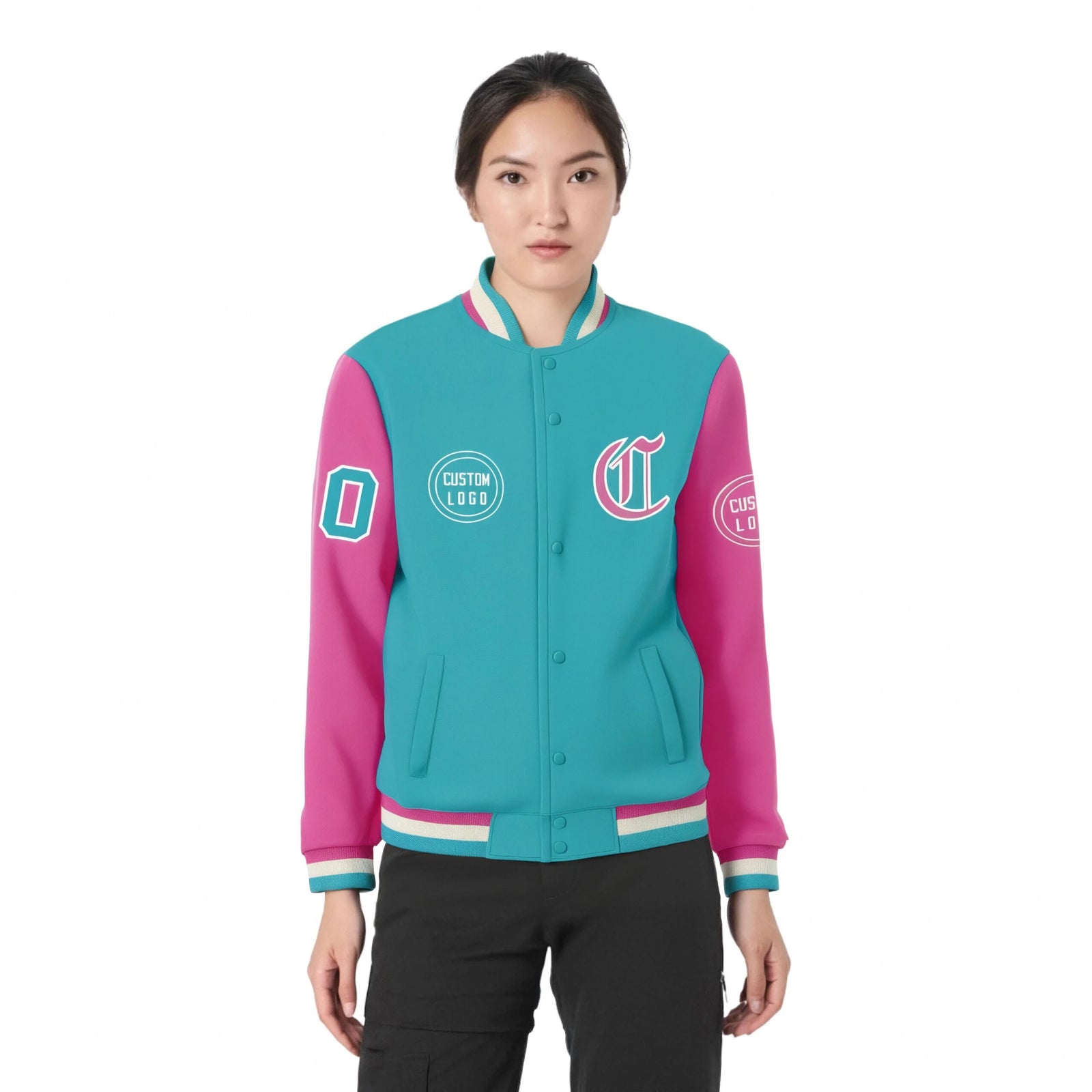 Custom Bright Green Pink Bomber Full-Snap Varsity Letterman Two Tone Jacket