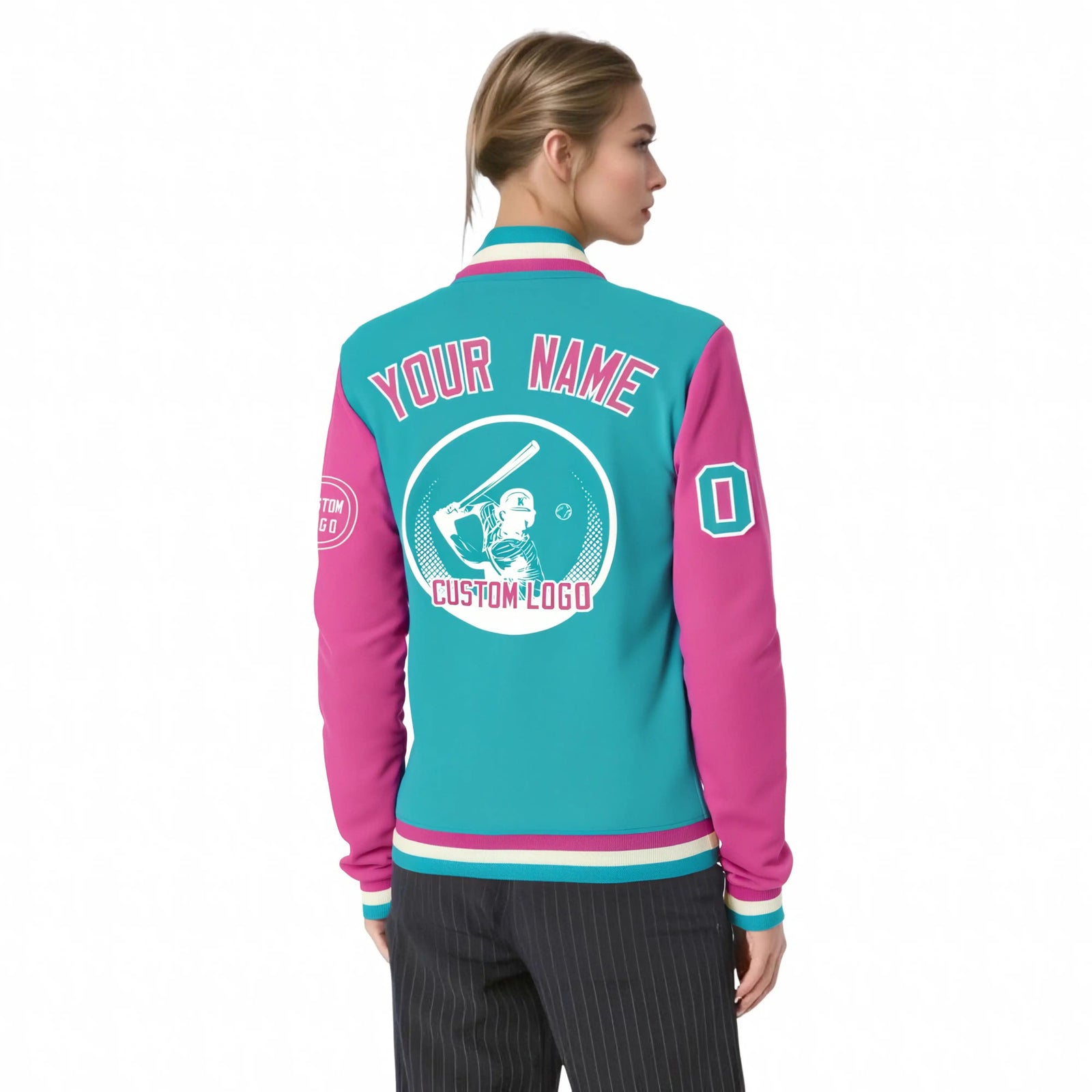 Custom Bright Green Pink Bomber Full-Snap Varsity Letterman Two Tone Jacket