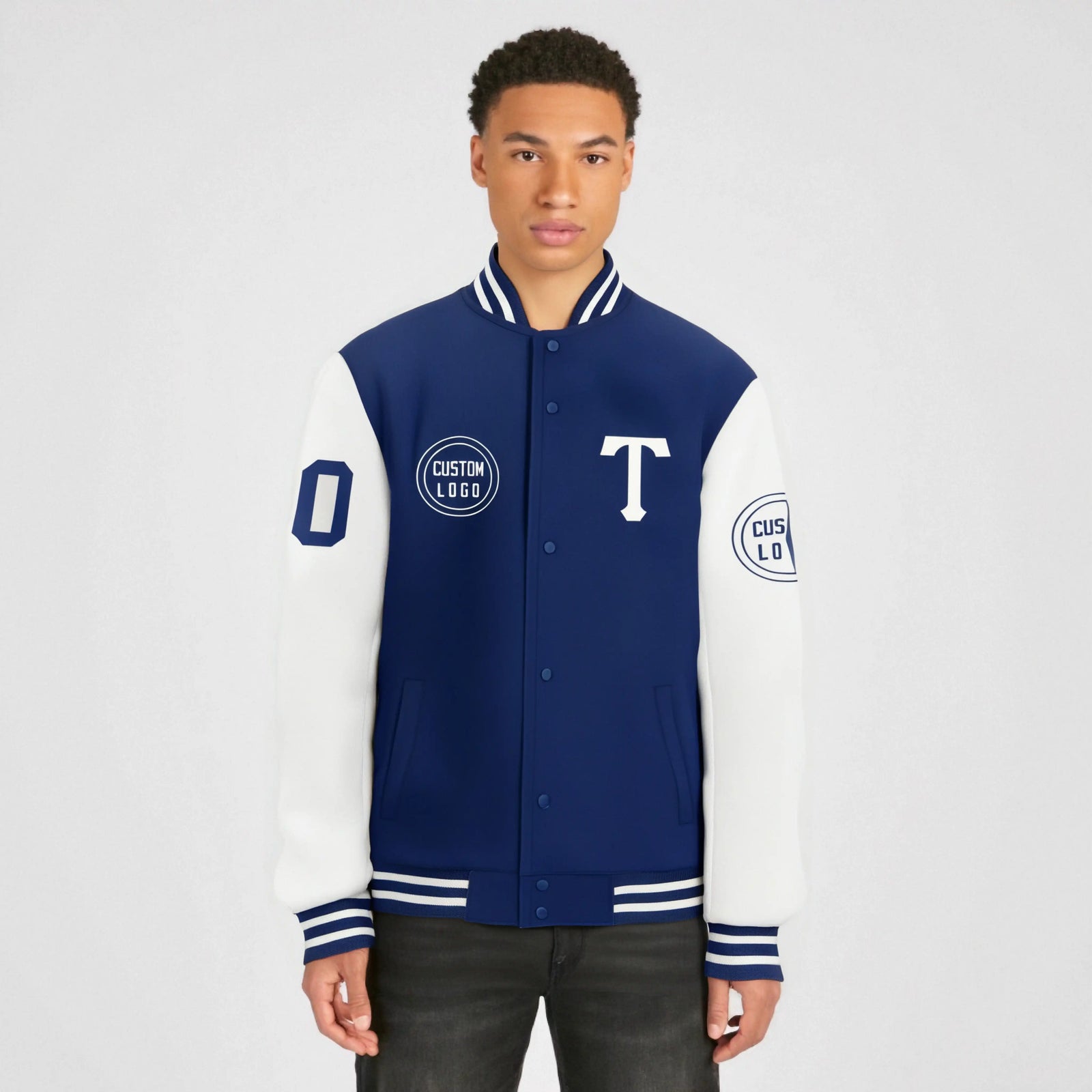 Custom Royal Blue White Bomber Full-Snap Varsity Letterman Two Tone Jacket