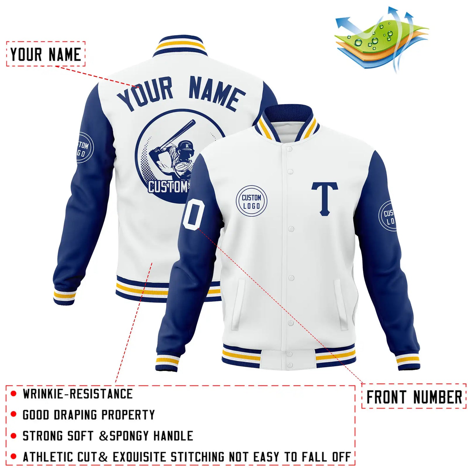 Custom White Royal Blue Bomber Full-Snap Varsity Letterman Two Tone Jacket