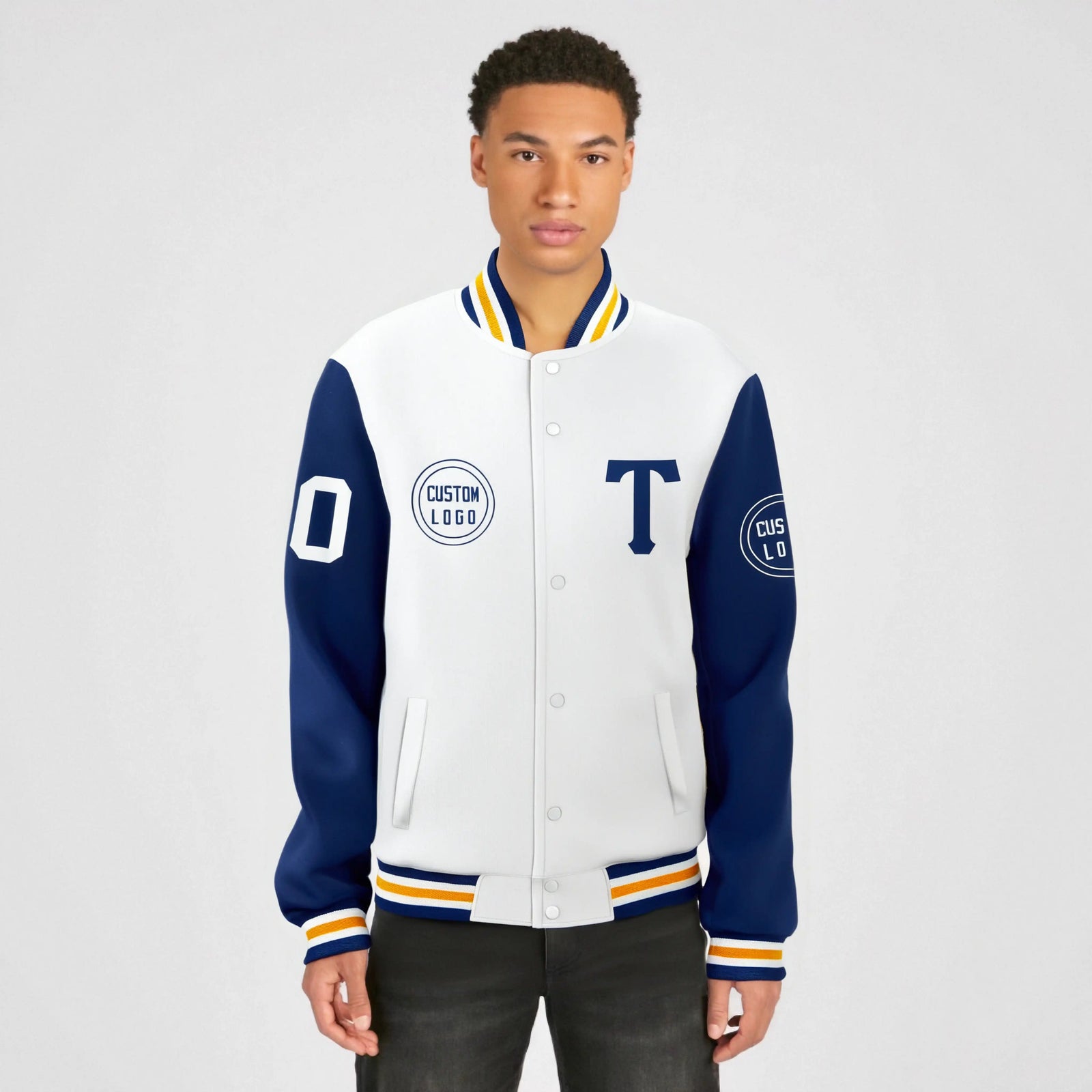 Custom White Royal Blue Bomber Full-Snap Varsity Letterman Two Tone Jacket