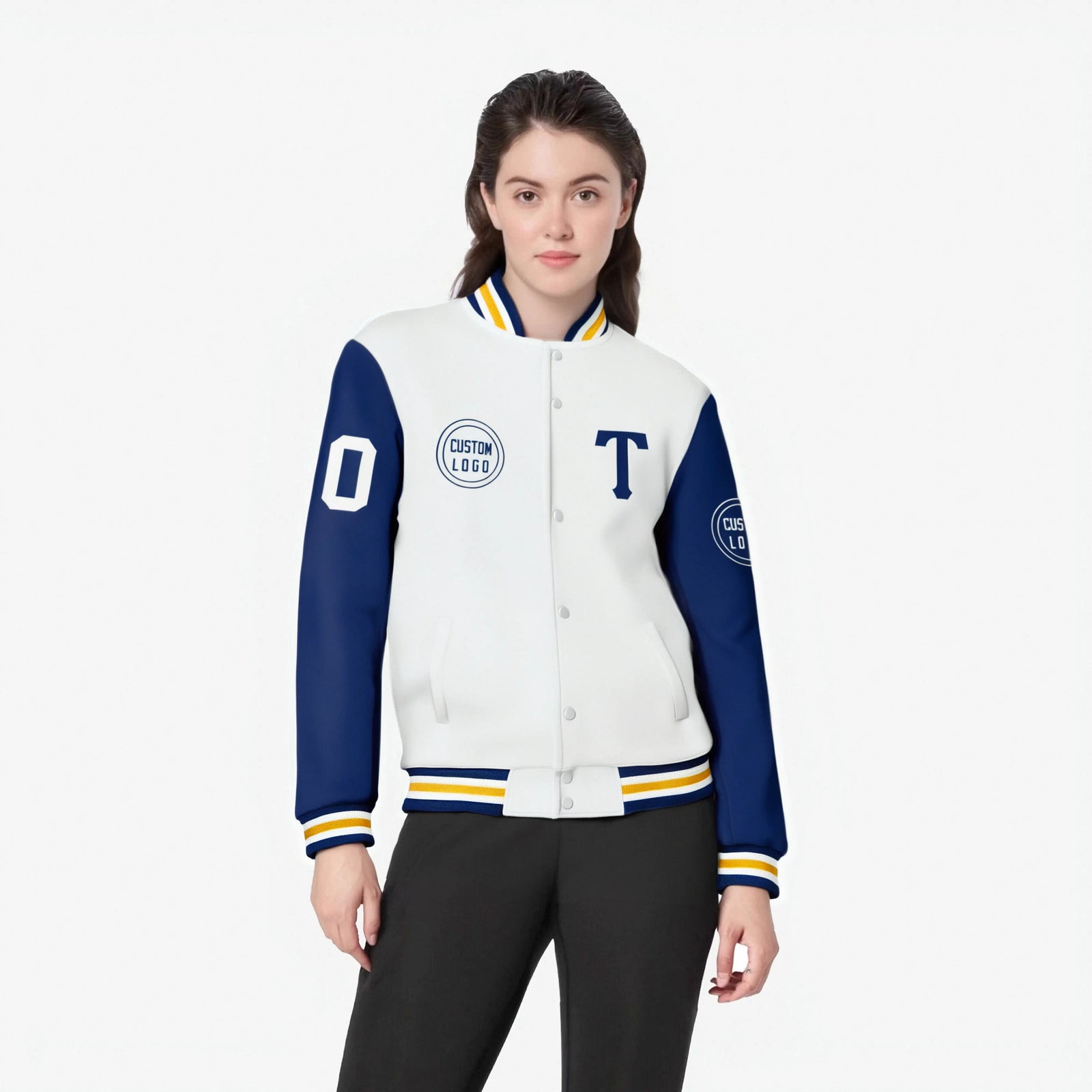 Custom White Royal Blue Bomber Full-Snap Varsity Letterman Two Tone Jacket