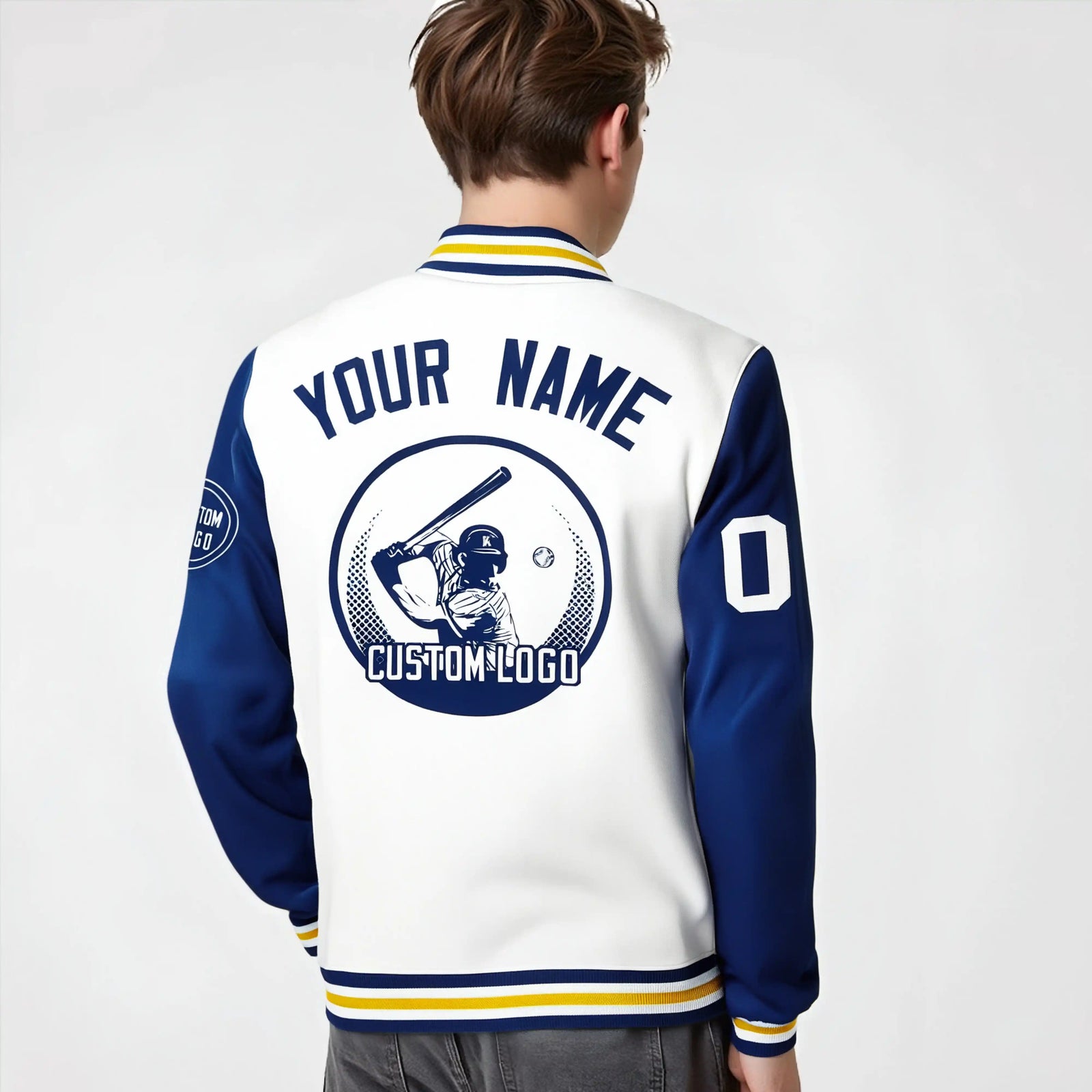 Custom White Royal Blue Bomber Full-Snap Varsity Letterman Two Tone Jacket
