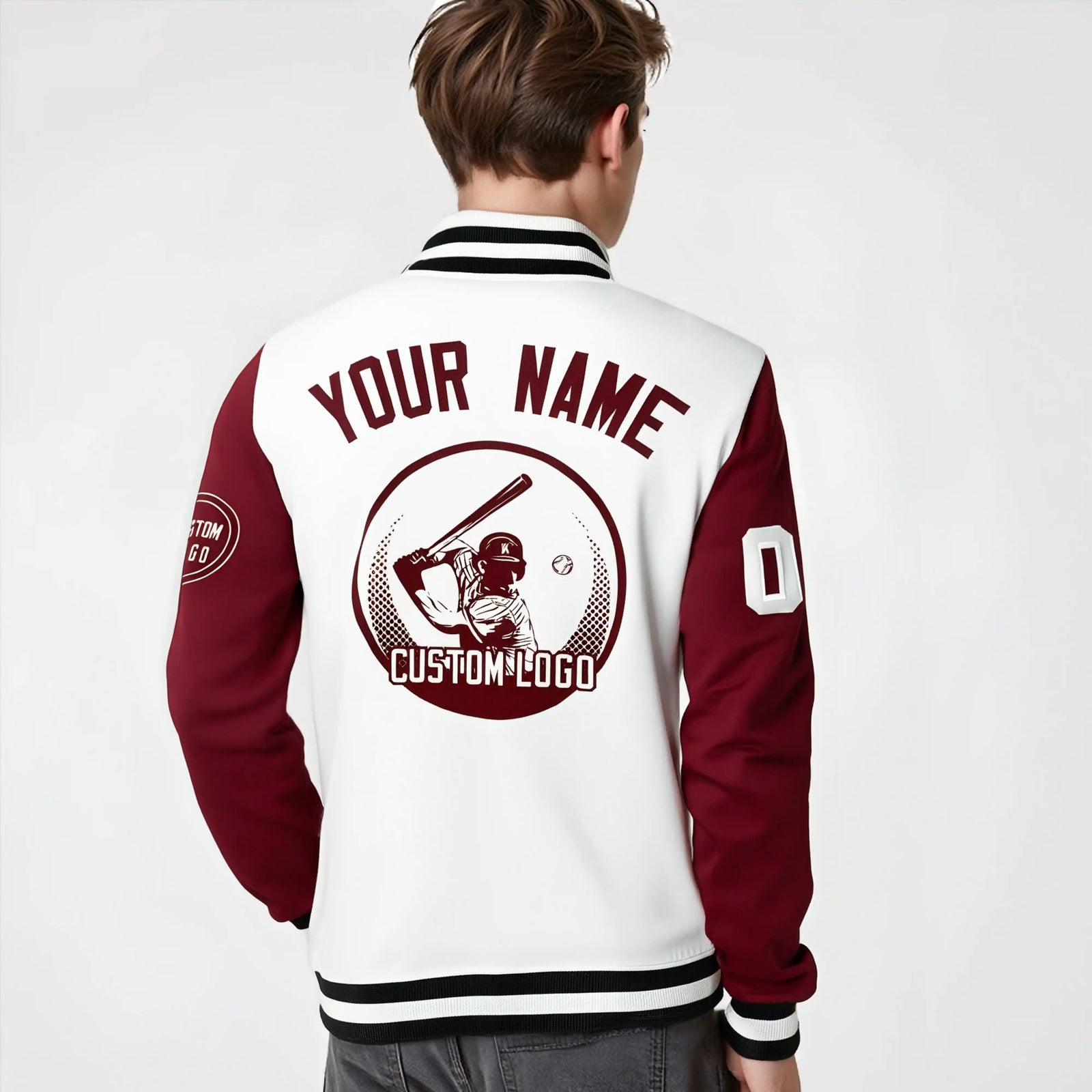 Custom White Crimson Bomber Full-Snap Varsity Letterman Two Tone Jacket