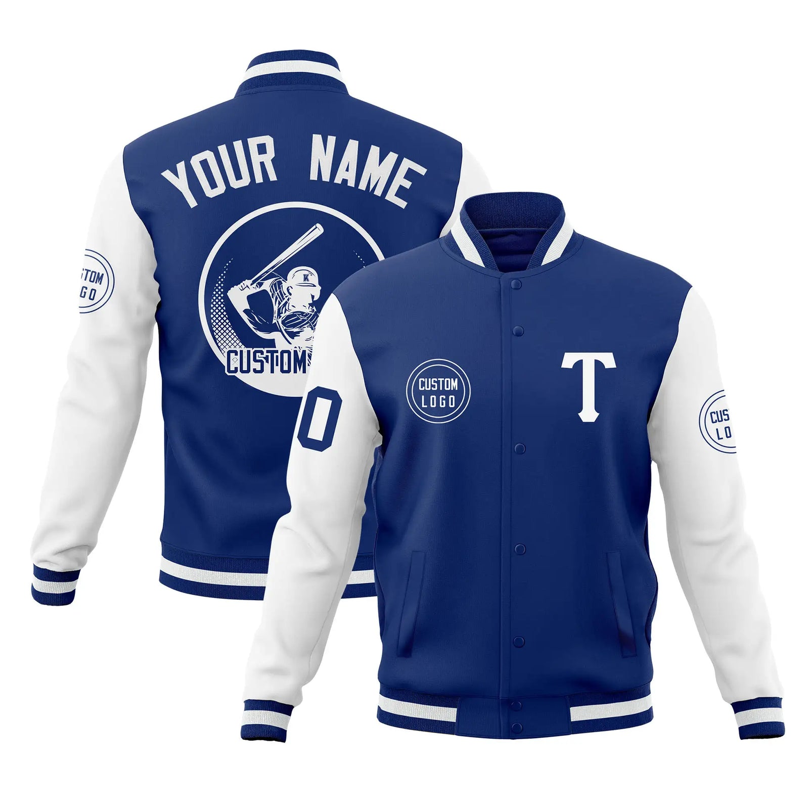 Custom Royal Blue White Bomber Full-Snap Varsity Letterman Two Tone Jacket