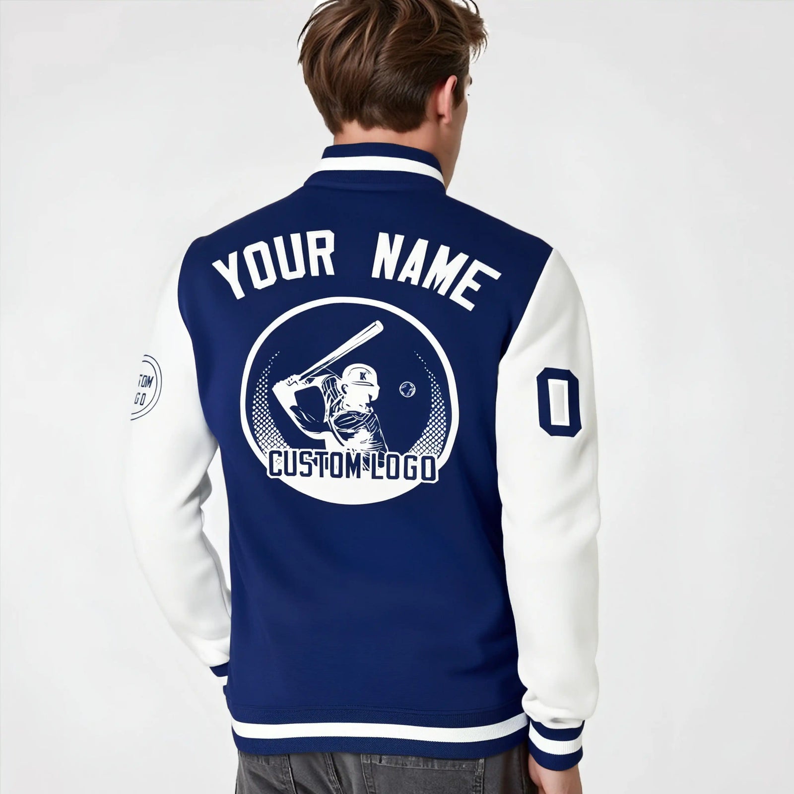 Custom Royal Blue White Bomber Full-Snap Varsity Letterman Two Tone Jacket