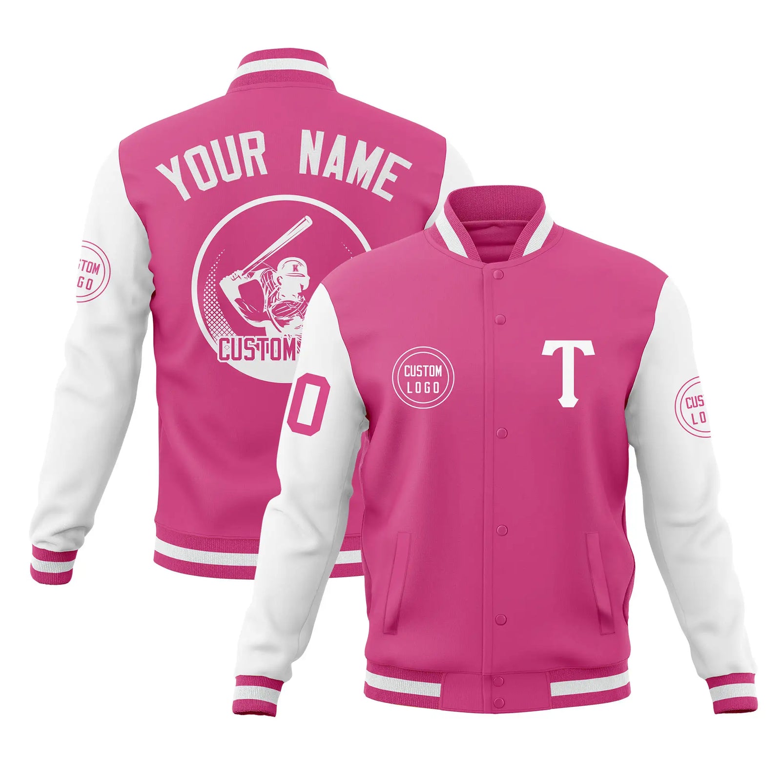 Custom Pink White Bomber Full-Snap Varsity Letterman Two Tone Jacket