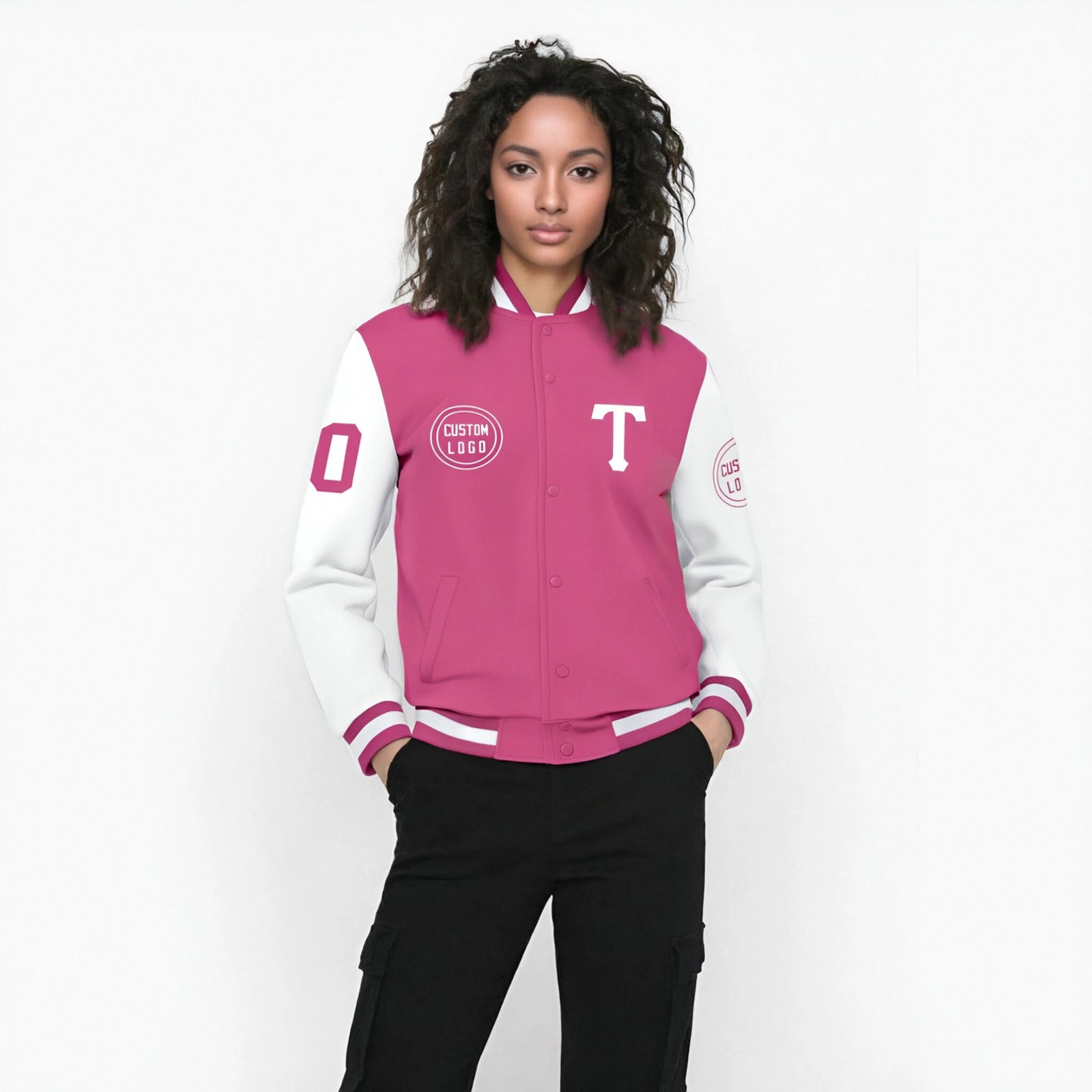 Custom Pink White Bomber Full-Snap Varsity Letterman Two Tone Jacket
