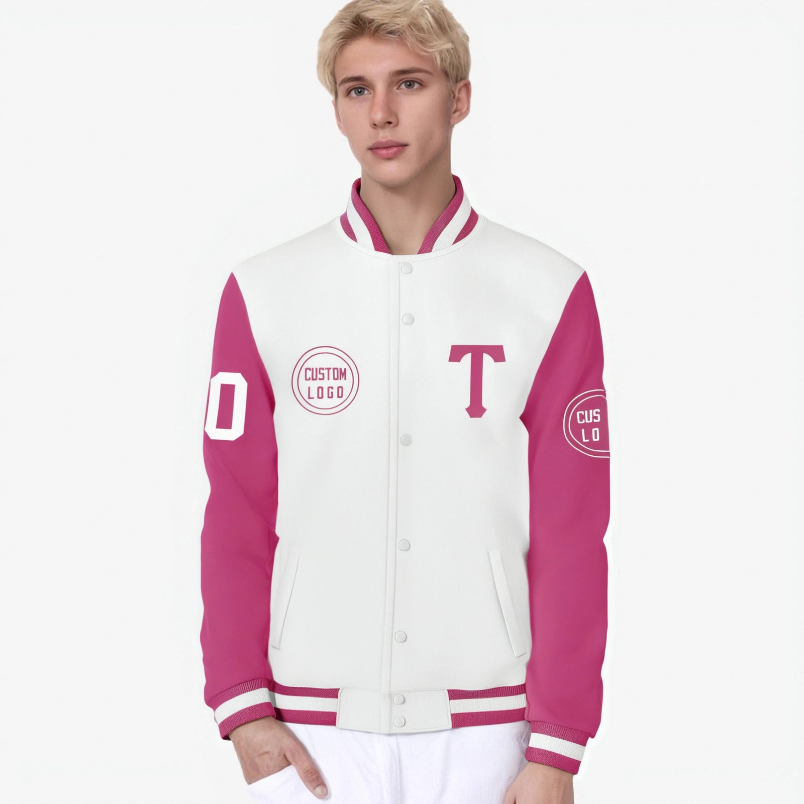 Custom White Pink Bomber Full-Snap Varsity Letterman Two Tone Jacket