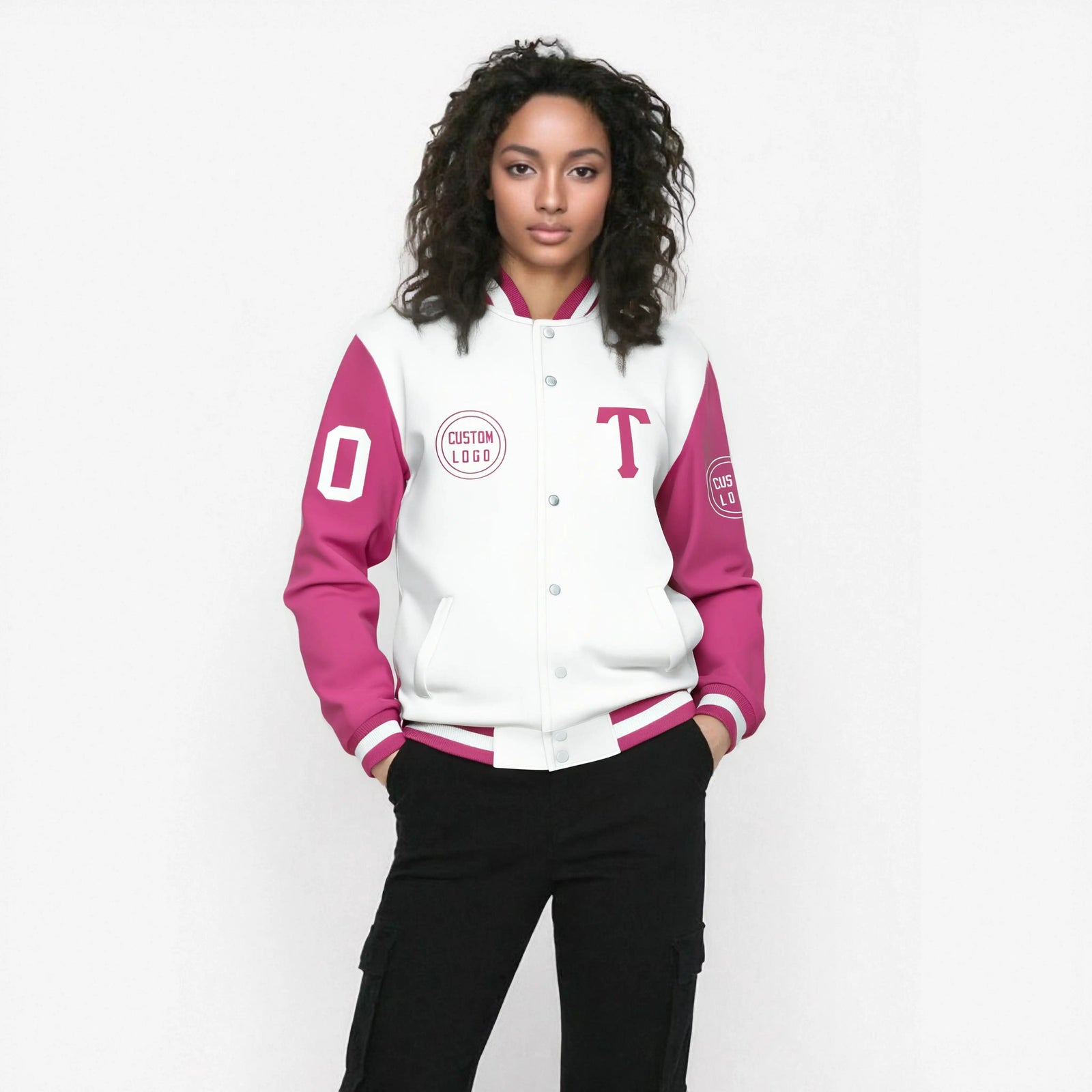 Custom White Pink Bomber Full-Snap Varsity Letterman Two Tone Jacket