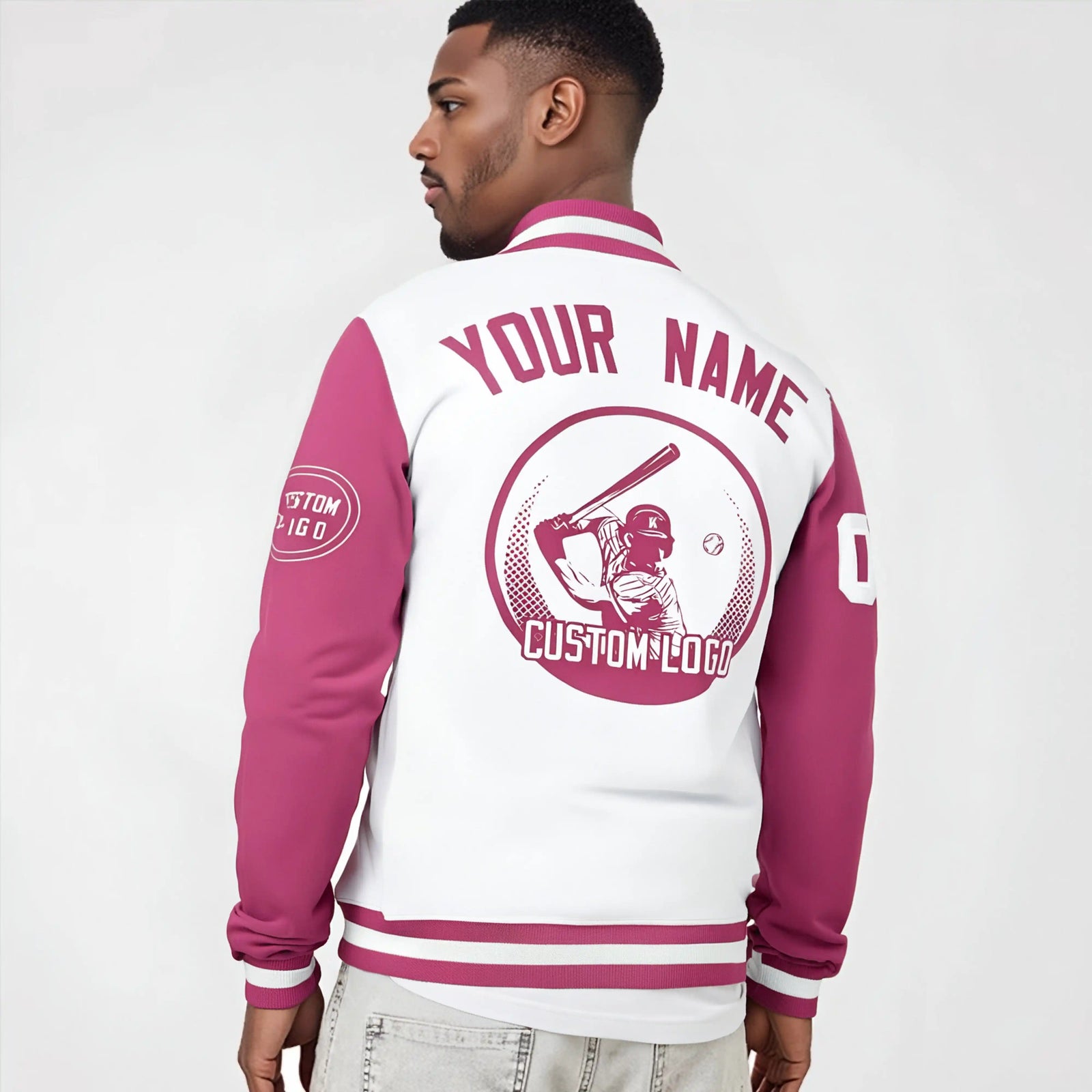 Custom White Pink Bomber Full-Snap Varsity Letterman Two Tone Jacket