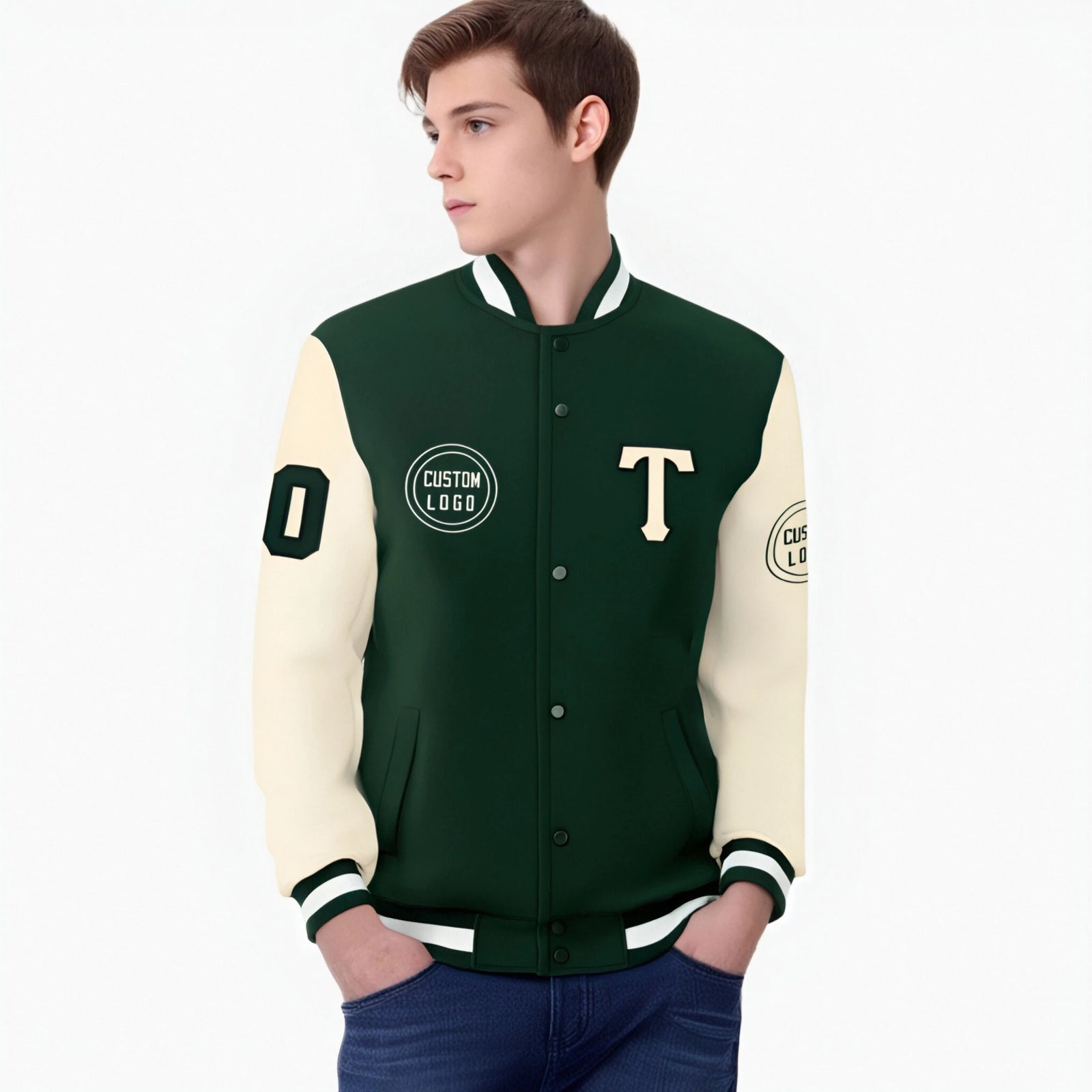 Custom Green Cream Bomber Full-Snap Varsity Letterman Two Tone Jacket