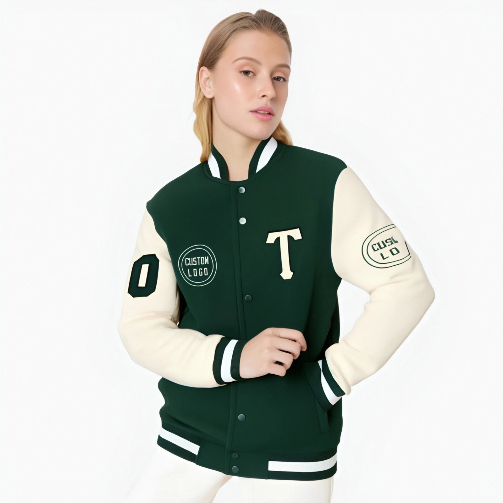 Custom Green Cream Bomber Full-Snap Varsity Letterman Two Tone Jacket