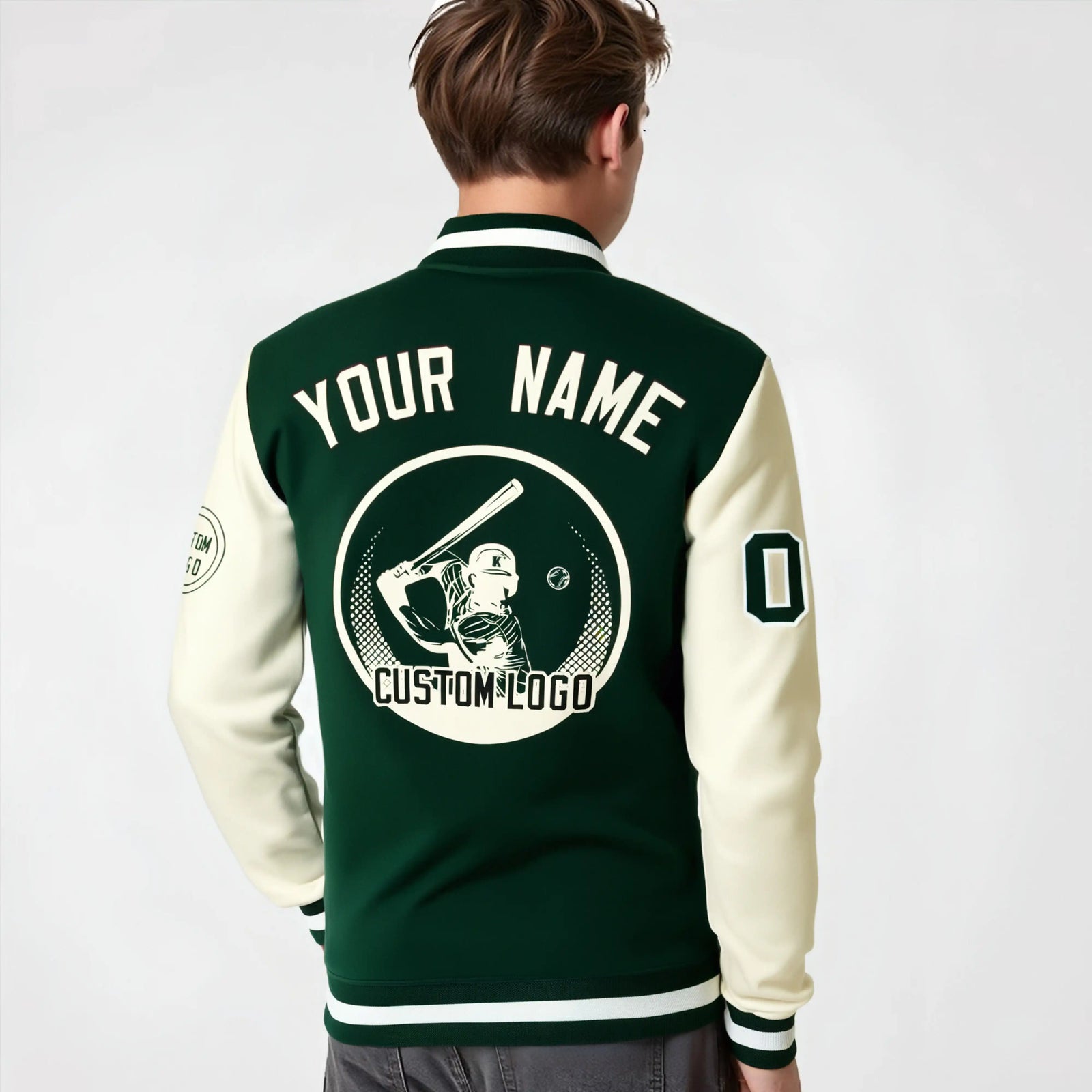 Custom Green Cream Bomber Full-Snap Varsity Letterman Two Tone Jacket