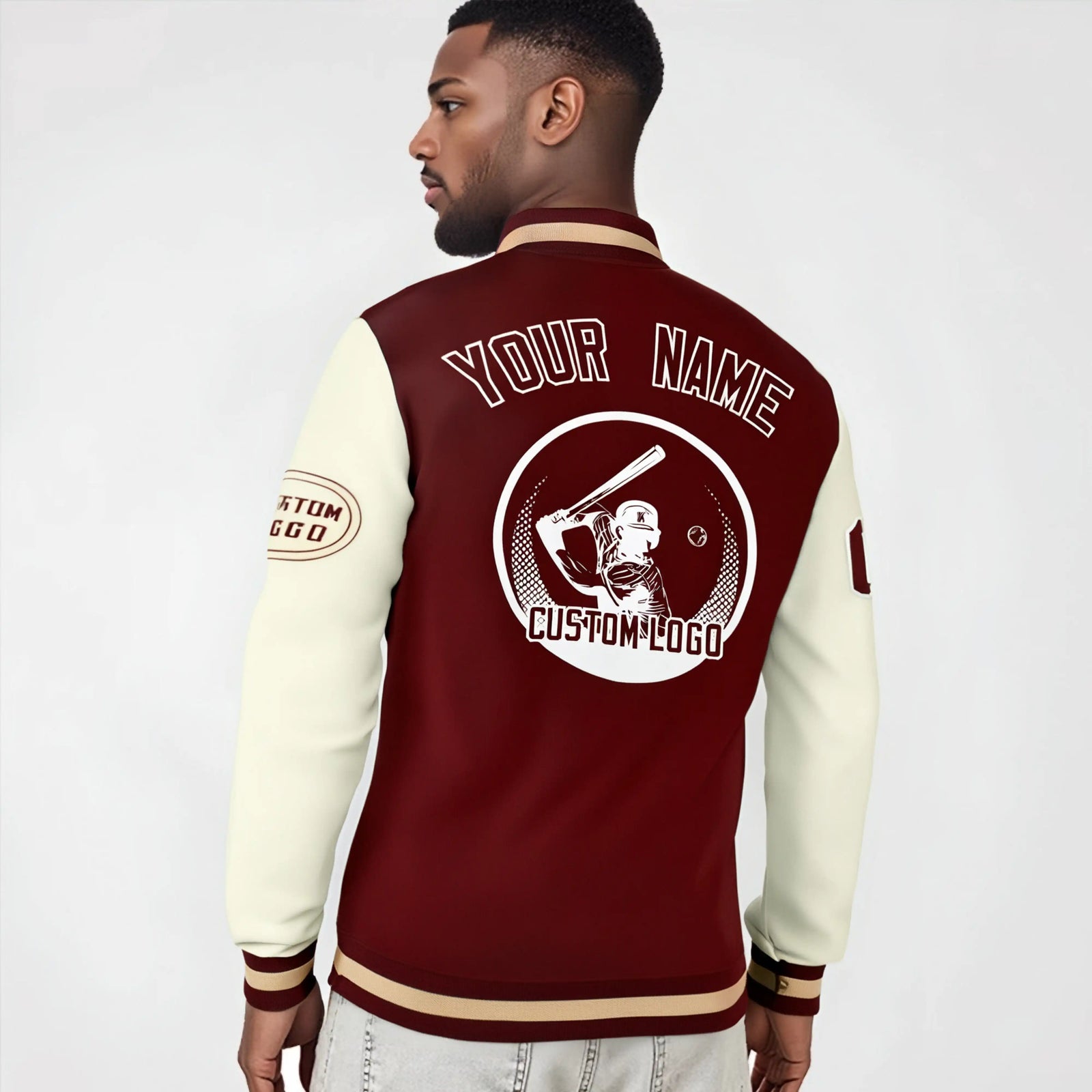 Custom Crimson Khaki Bomber Full-Snap Varsity Letterman Two Tone Jacket