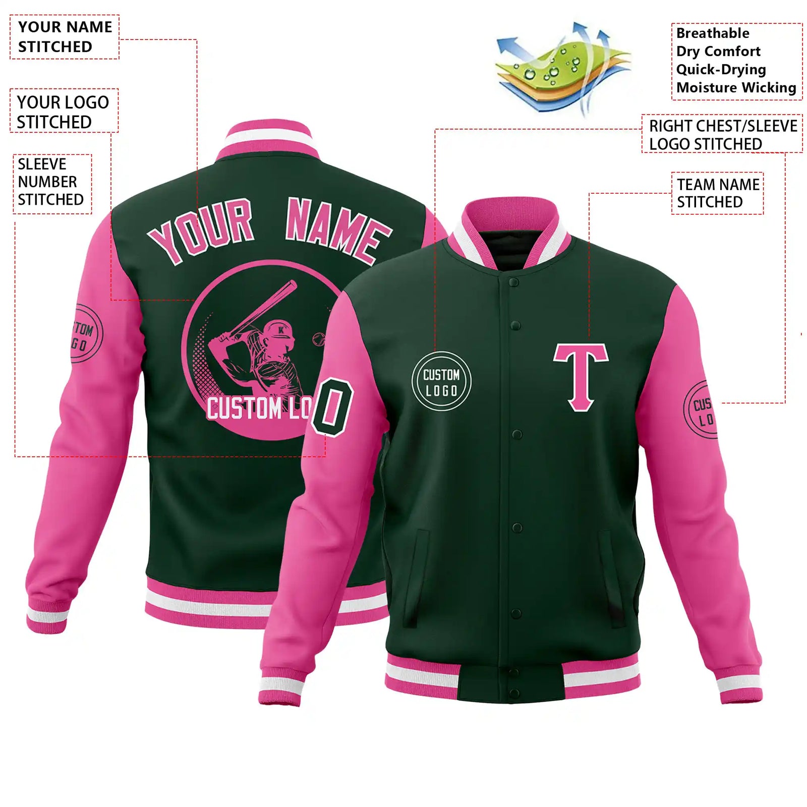 Custom Green Pink Bomber Full-Snap Varsity Letterman Two Tone Jacket