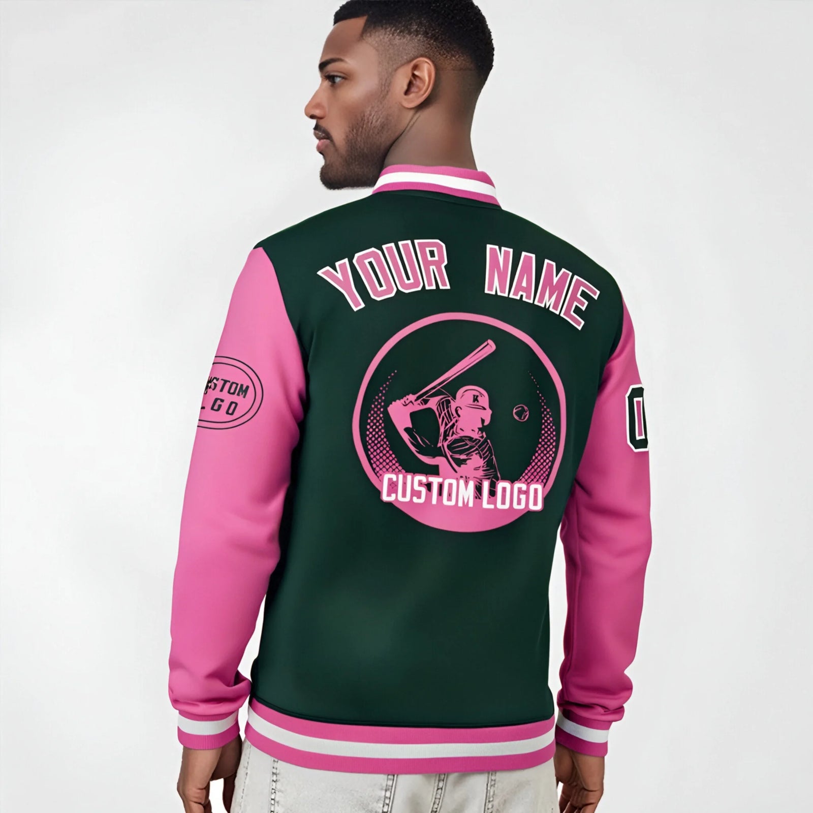 Custom Green Pink Bomber Full-Snap Varsity Letterman Two Tone Jacket