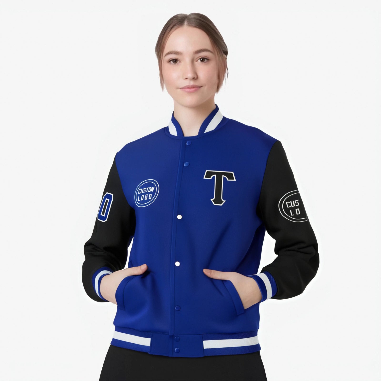 Custom Royal Blue White Bomber Full-Snap Varsity Letterman Two Tone Jacket