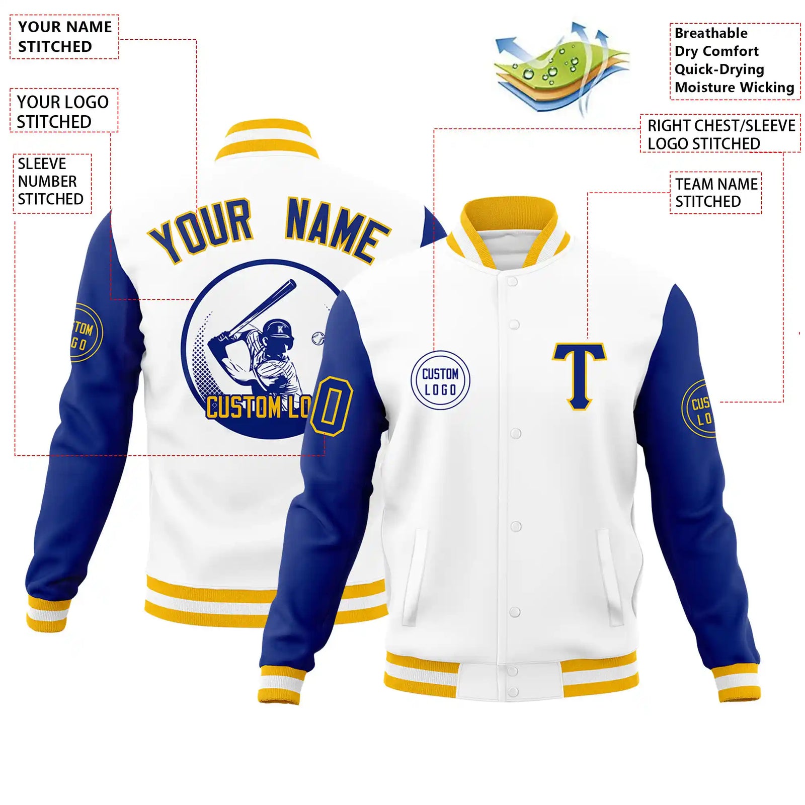Custom White Royal Blue Bomber Full-Snap Varsity Letterman Two Tone Jacket